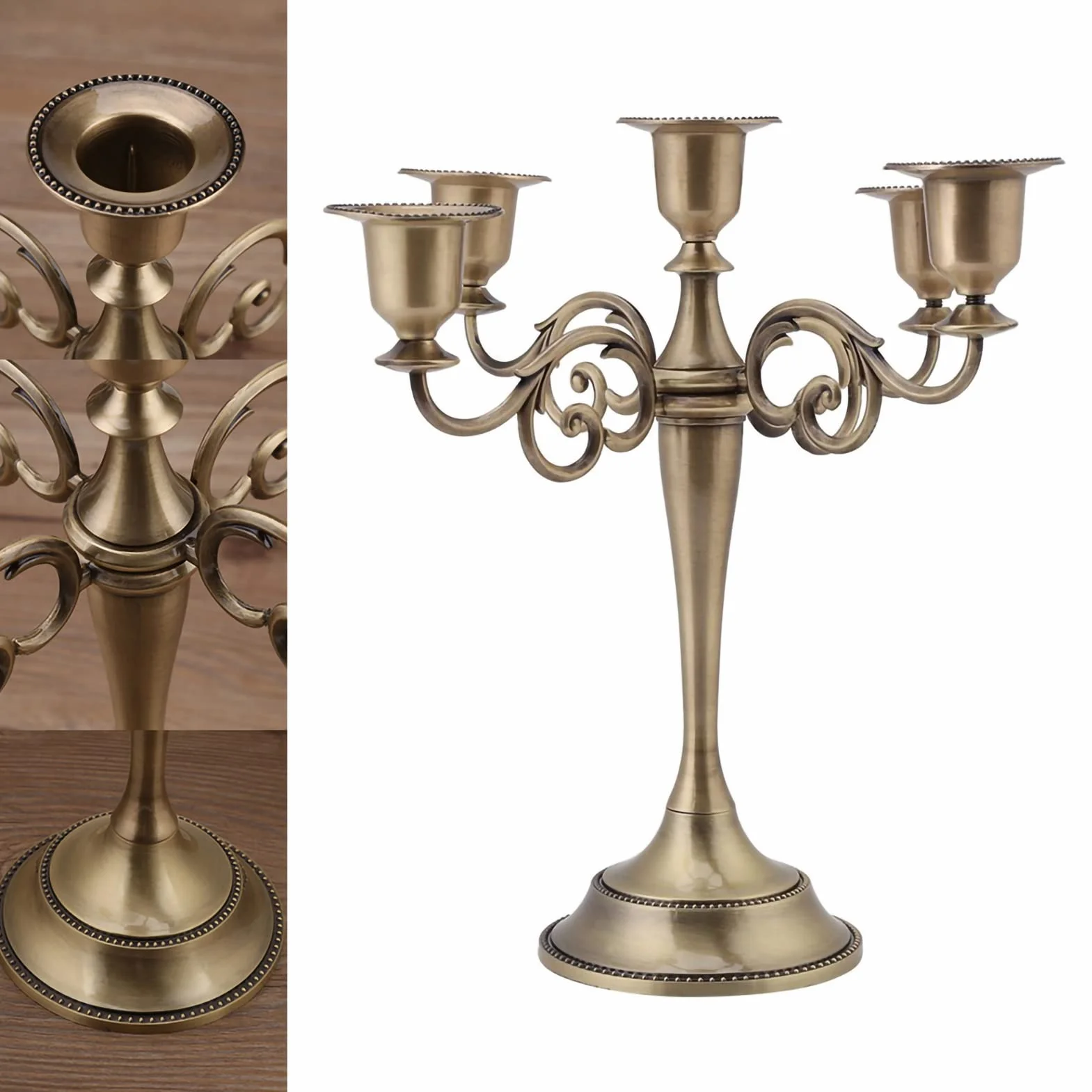 Wakects świecznik 5 ramion metalowy świecznik styl europejski świecznik dekoracyjny styl vintage na kolację świeca, ślub, imprezy, Boże Narodzenie 27 x 26 cm(Brąz)
