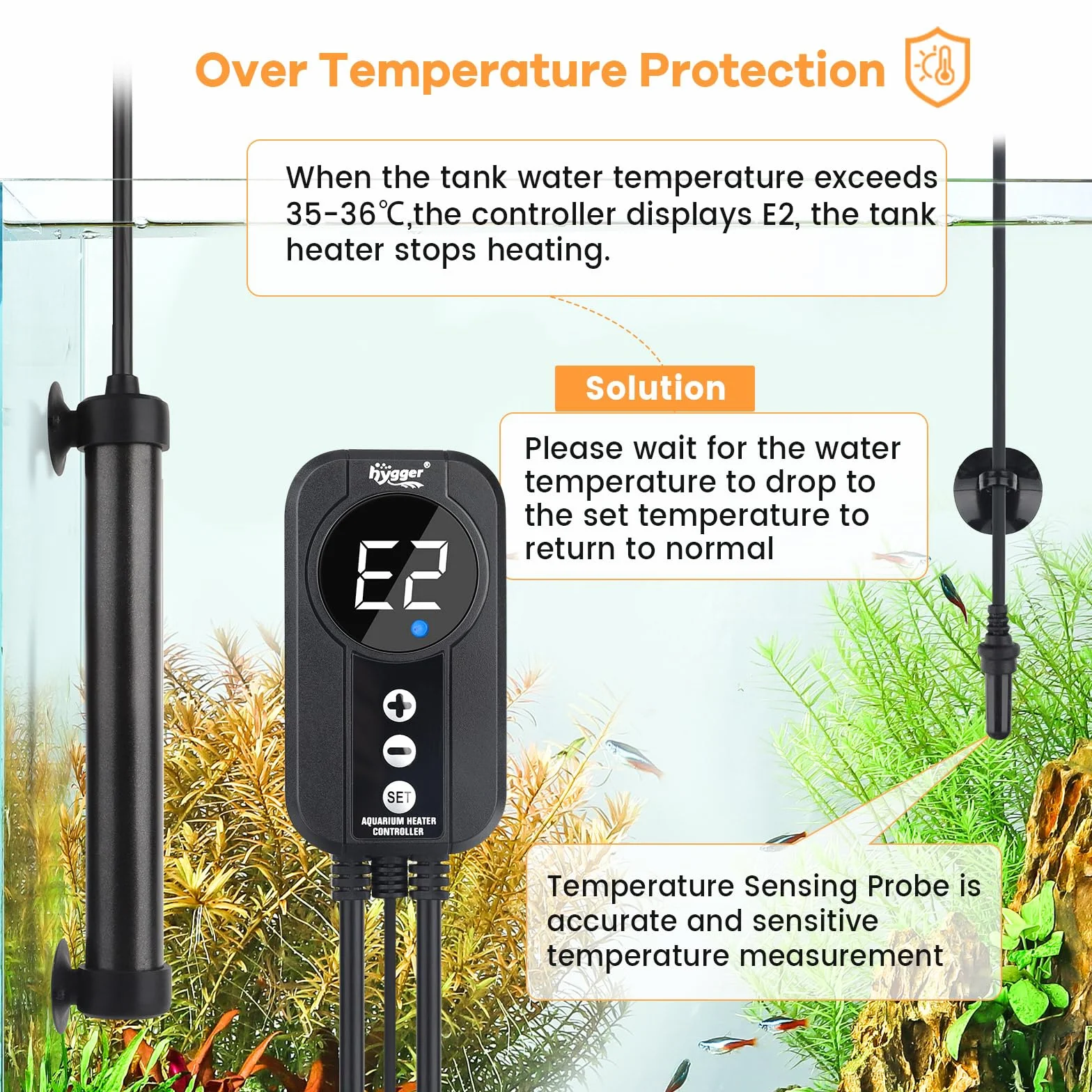 Hygger Grzałka Tytanowa 50W do Akwarium z Wyświetlaczem LED 38-57L Słodka i Słona Woda