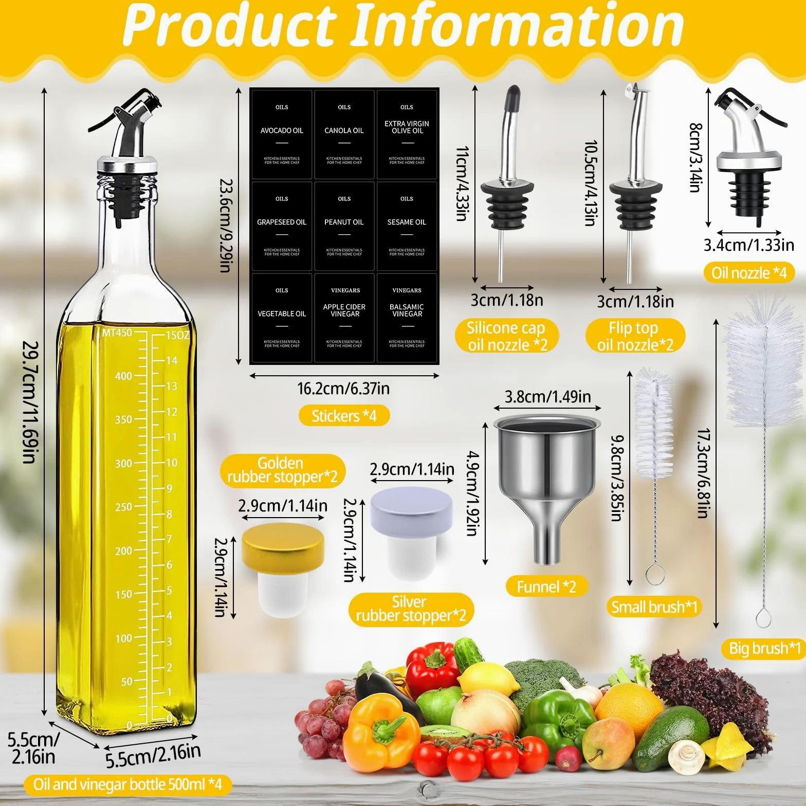 4-Częściowy Zestaw Butelek Na Ocet I Oliwę,Butelka Oliwy Z Oliwek 500 ML,Dozownik Octu I Oliwy Z Lejkiem,Nasadka Antyzabrudzeniowa,Etykieta,Butelki Na Olej Odpowiednie Do Kuchni