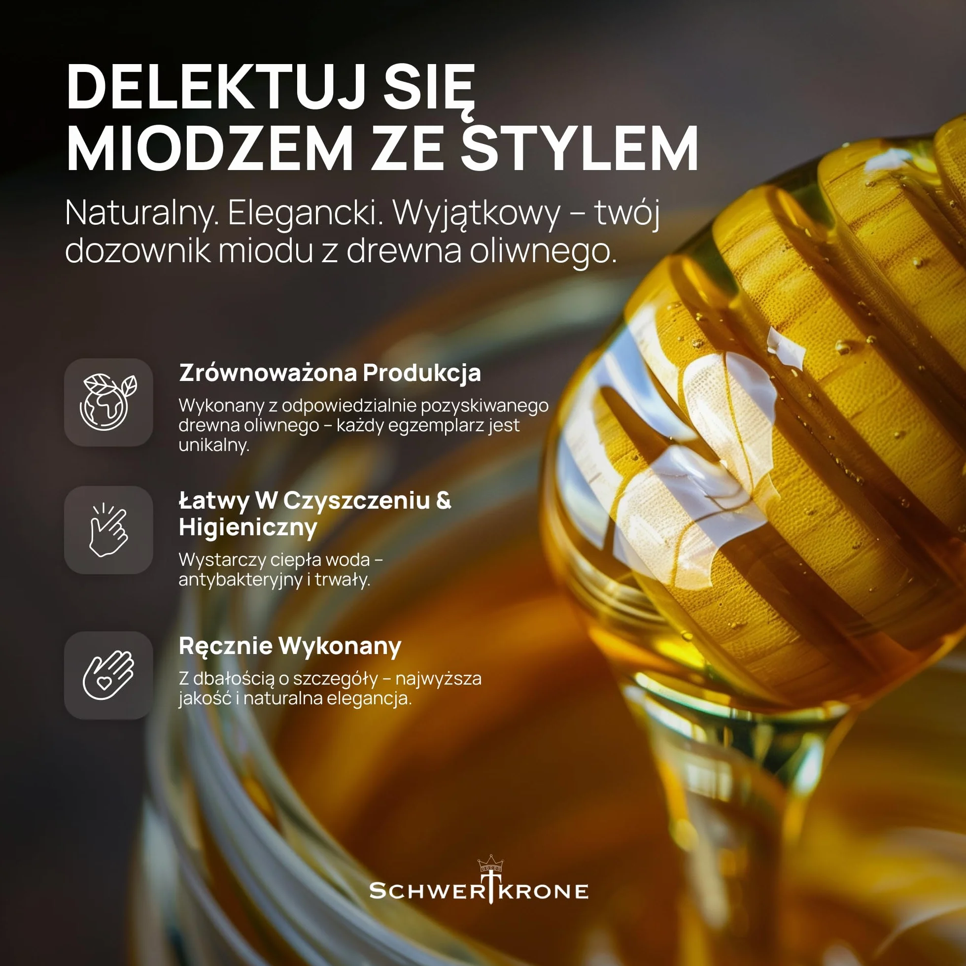 SCHWERTKRONE® Łyżka do miodu drewniana [drewno oliwkowe premium] – drewniana łyżka do miodu – miód lgel pomysł na prezent dla miłośników miodu – spirala miodu – łyżka do miodu – łyżka do miodu z