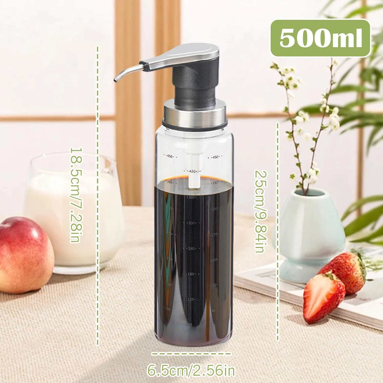 Szklana butelka na sosy, dozownik keczupu 500 ml, butelki na sosy z 304 pompkami ze stali nierdzewnej, dozownik syropu z liniami skórki, dozownik sosu do sosu ketchupowego, sosu sałatkowego