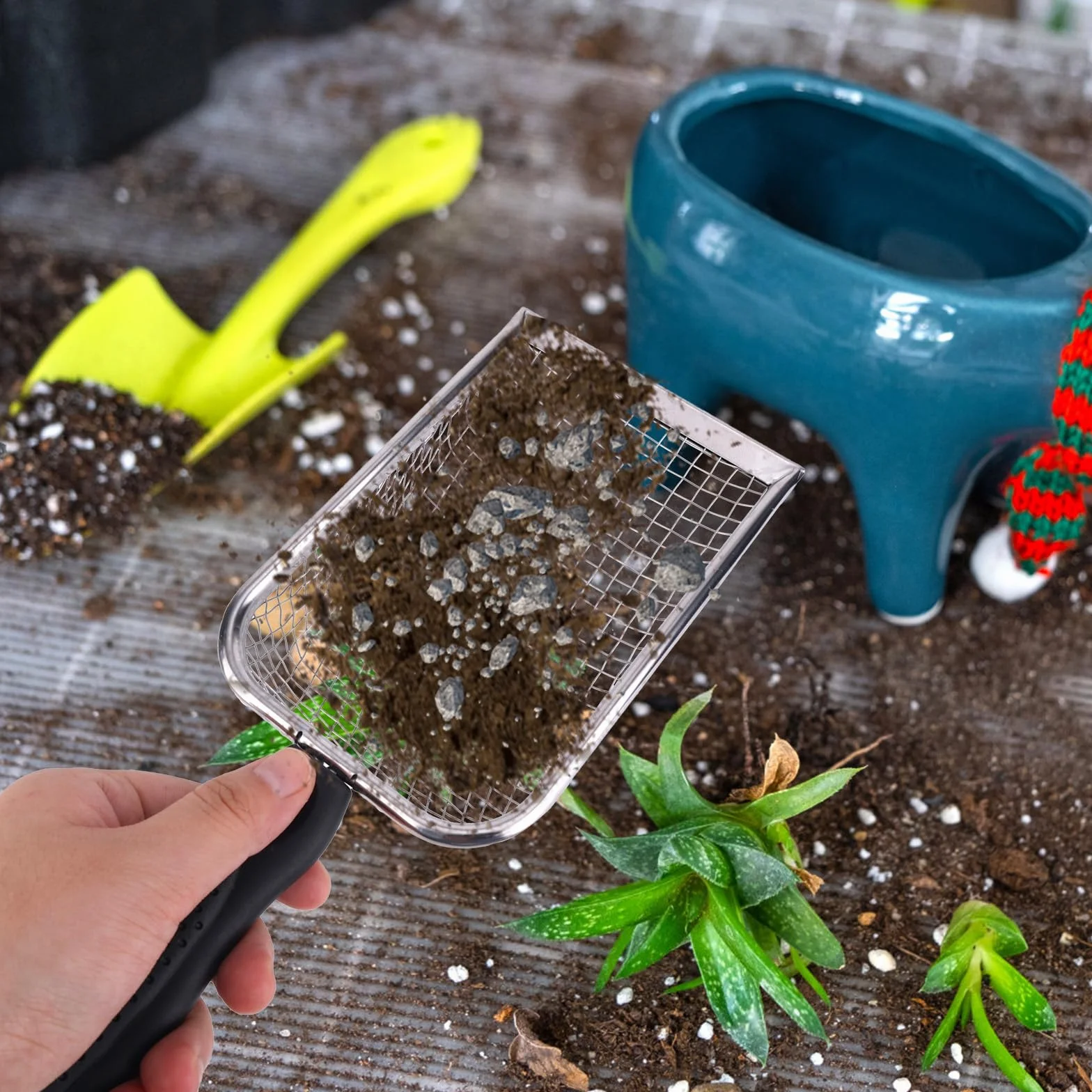 Gosknor 2 Szt. Sito do Gleby Ogrodowej, 5 i 2,8 mm Sito do Piasku i Kompostu z Ergonomicznym Uchwytem Łopatka Piasku i gleby Ogrodowej Skał Ziemi Kompostu