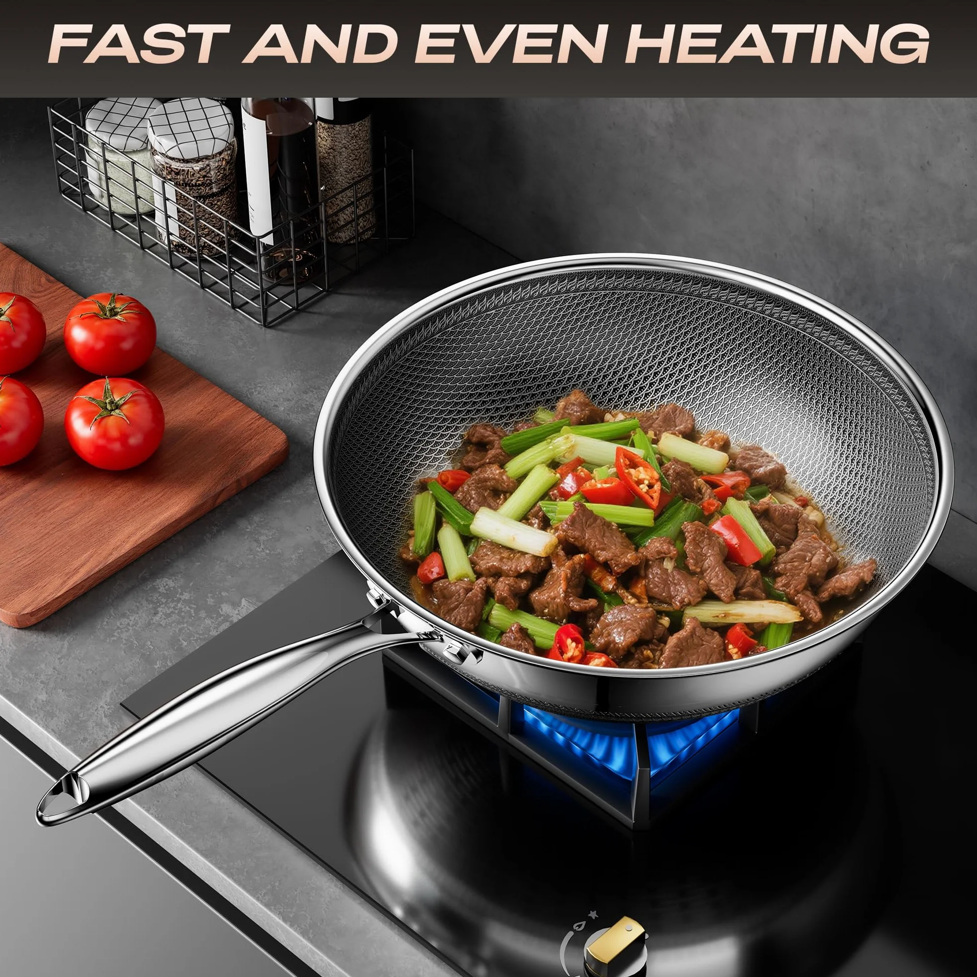 Wok nieprzywierający z pokrywką 30 cm, hybrydowy wok ze stali nierdzewnej, patelnia, uchwyt utrzymujący chłód, zmywarka, PFAS PFOA i PTFE, nadaje się do piekarnika do 260°C, nadaje się do
