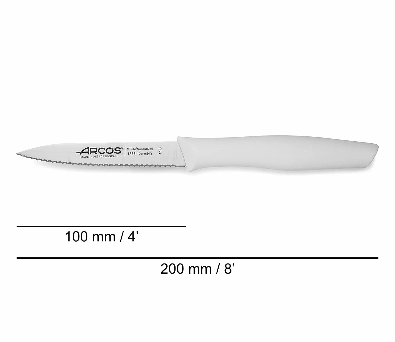 Arcos 188614 seria nova-paring ząbkowane ostrze do noża Nitrum stal nierdzewna 100 mm (3,94 cala) - uchwyt polipropylenowy biały kolor, 18/8
