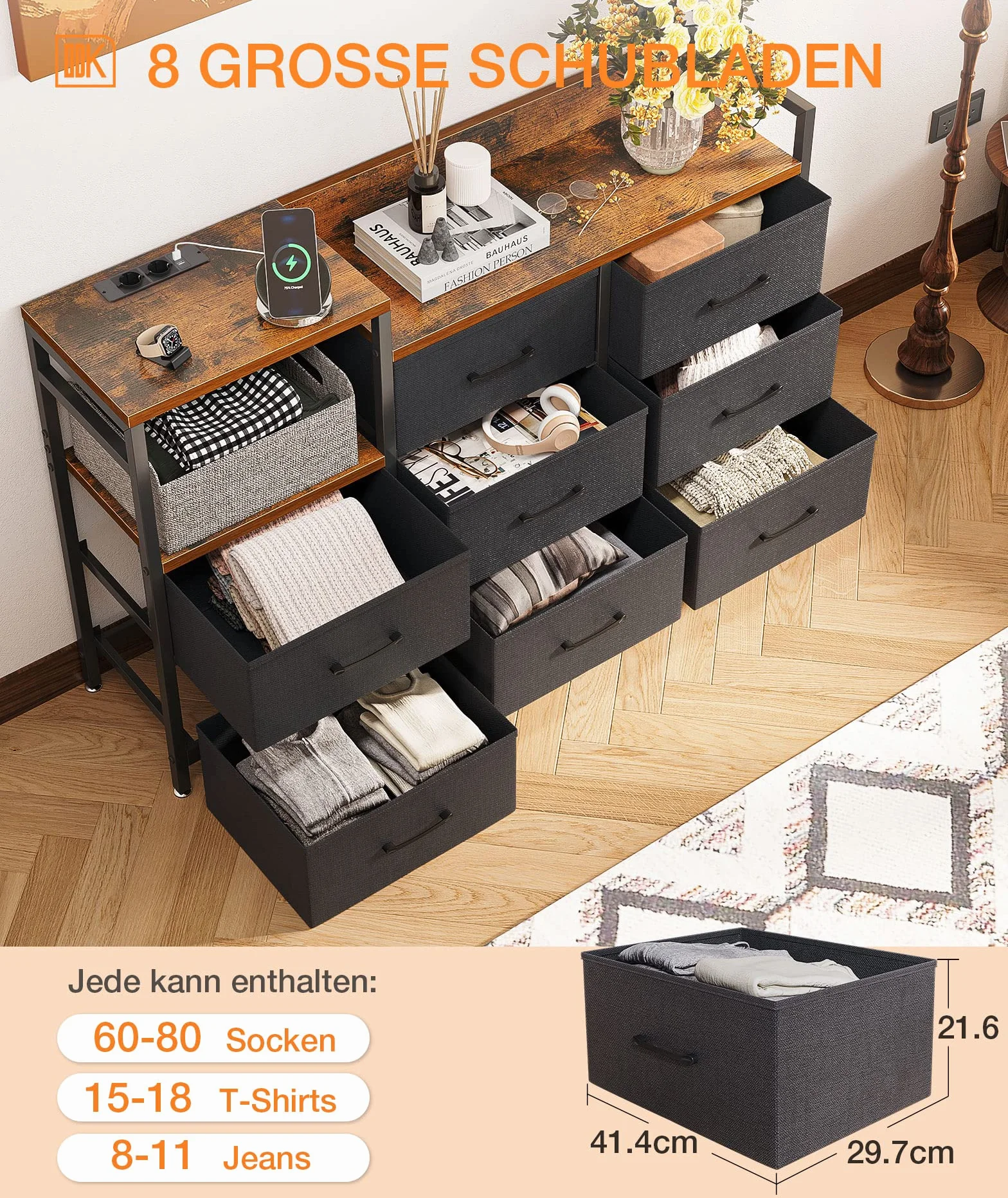 ODK Komoda z szufladami, 2 porty USB i 2 porty AC, 8 szuflad z materiału - nadaje się do wielofunkcyjnej szafy z szufladami do sypialni i salonu, 132 x 30 x 88 cm, vintage i czarna