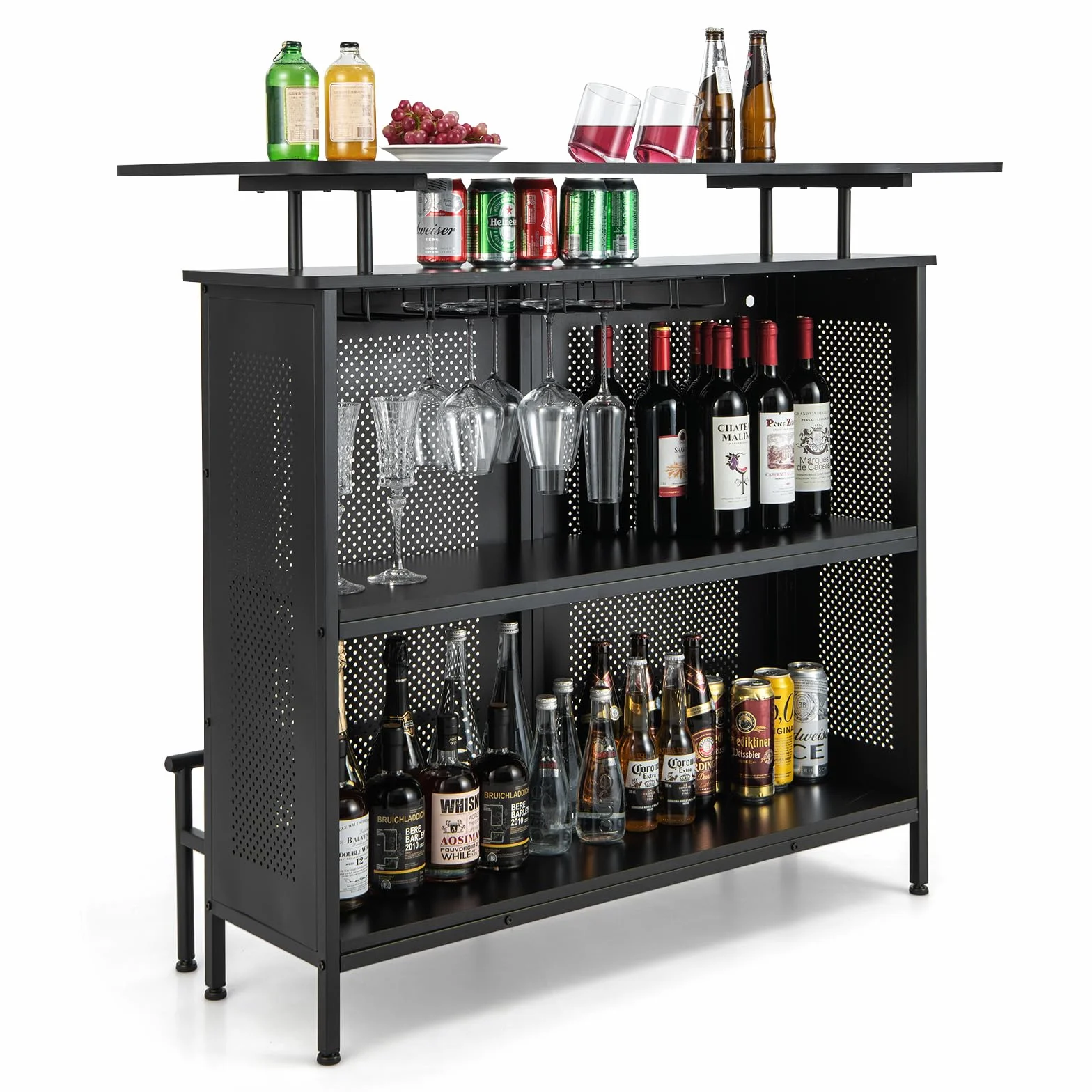 KOMFOTTEU Stół barowy z 2 półkami i podnóżkiem, 120 x 50 x 106,5 cm, blat kuchenny z dużą przestrzenią do przechowywania i regulowanym podnóżkiem, bar domowy