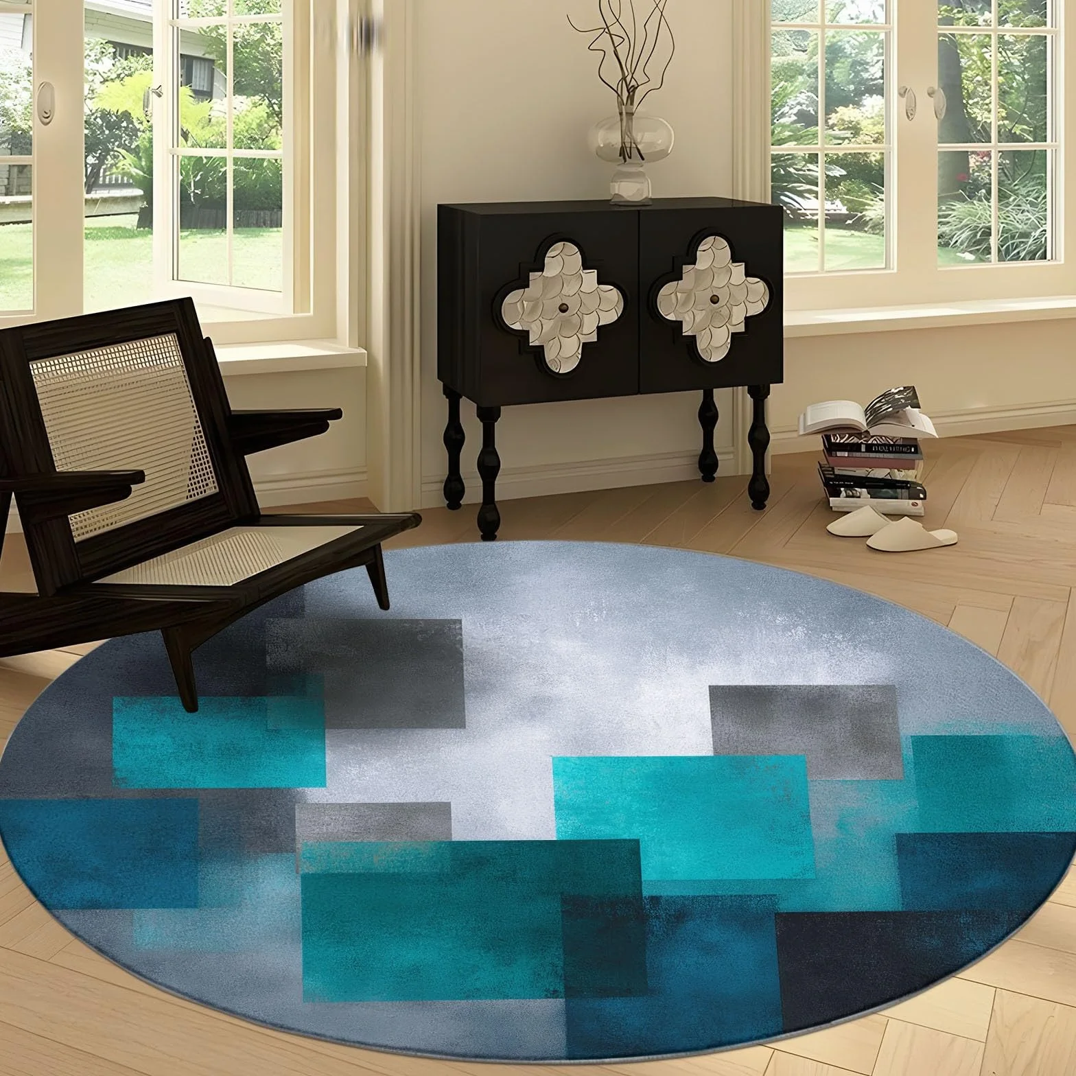 Okrągły dywan do salonu nadający się do prania 150 cm sztuka abstrakcyjna, dywan do sypialni geometria retro miękkie klocki - sypialnia krótkie włosie salon sypialnia jadalnia lub akademik rodzinny