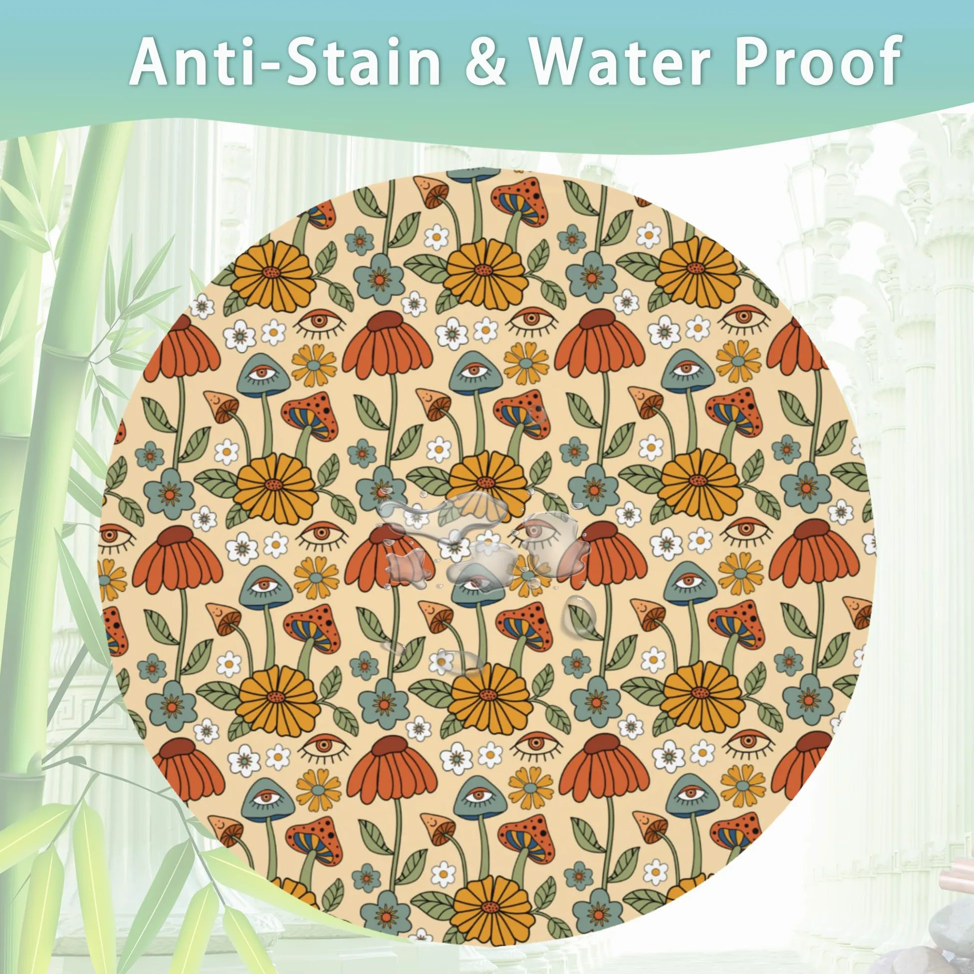 Okrągły obrus w stylu retro boho 152 cm, urocze grzyby, kwiatowy obrus, wodoodporny, odporny na plamy i zagniecenia, okrągły obrus na stół do kuchni, jadalni, na piknik, kemping, do wewnątrz,