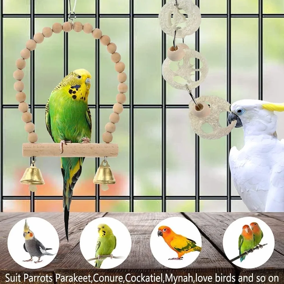 Zabawki dla Ptaków - Papuga, Akcesoria, Huśtawka, Żucie, Stojący, Wiszący Hamak, Drabina Wspinaczkowa dla Papug, Conure, Cockatiel, Mynah, Ptaki Miłości, Zięby, 18 Szt