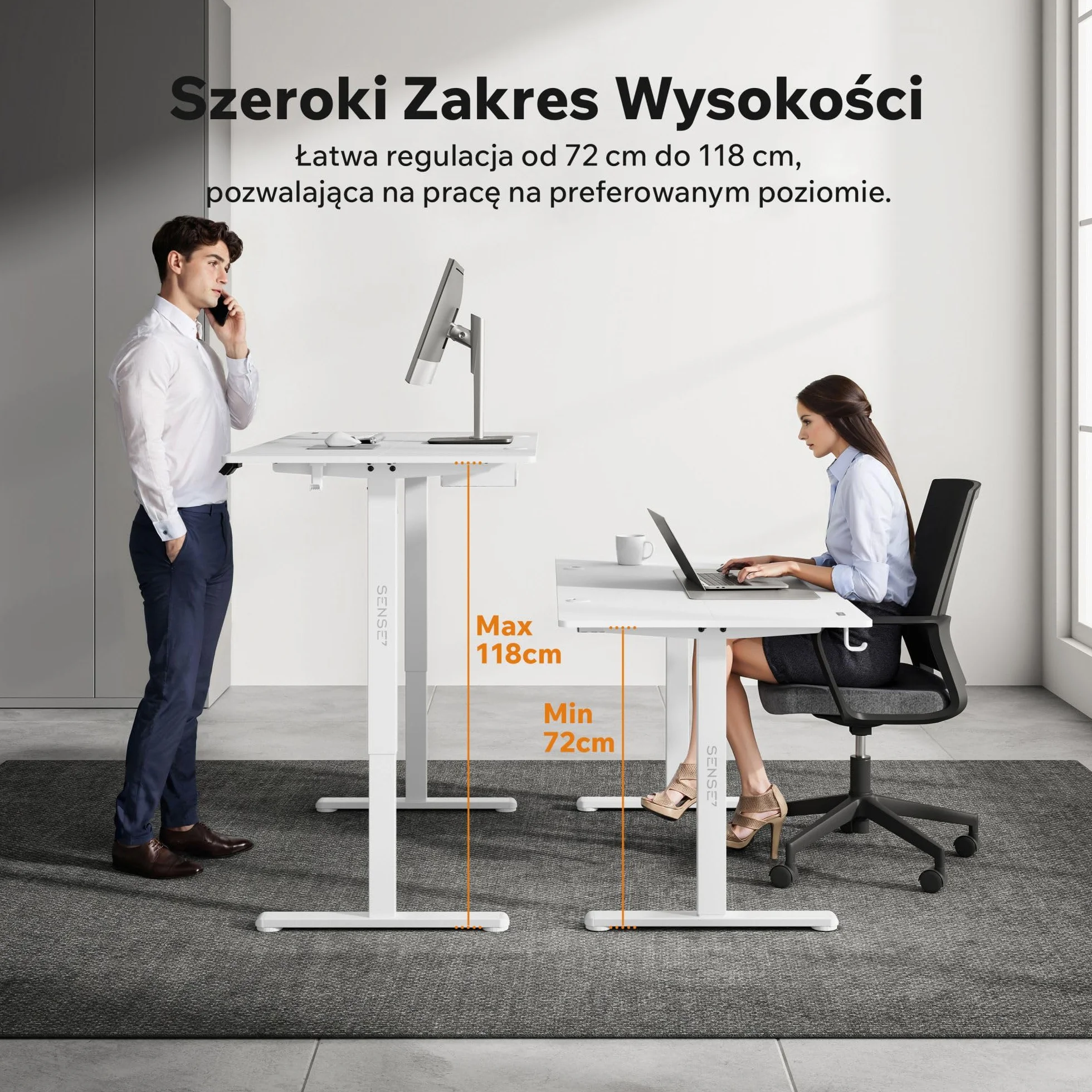 SENSE7 Nojo | Biurko Regulowane | Elektryczne | System Antykolizyjny | Organizer Na Kable | Uchwyt Na Słuchawki | Panel Sterujący | 3 Pamięci Ustawień| Zmiana wysokości 46 cm (Biały, 120x60cm)