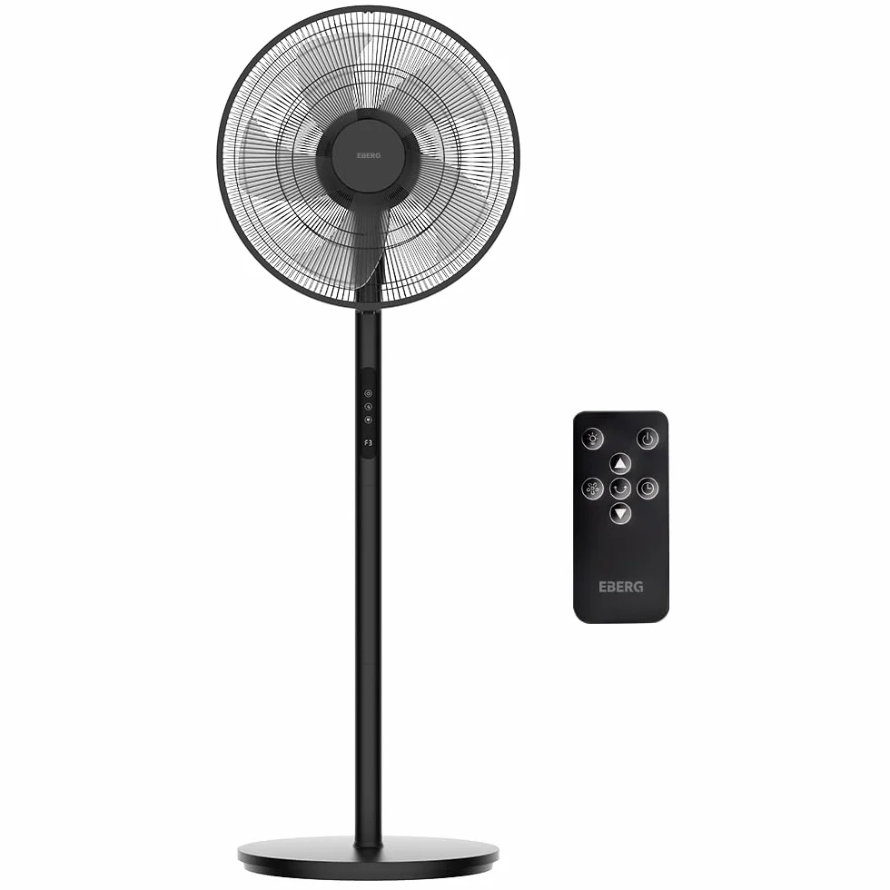 EBERG HYG wentylator stojący 45 cm, pilot, timer 9 h, oscylacja 65°, 4 prędkości i tryb naturalny, regulowana wysokość 70–130 cm, czarny mat