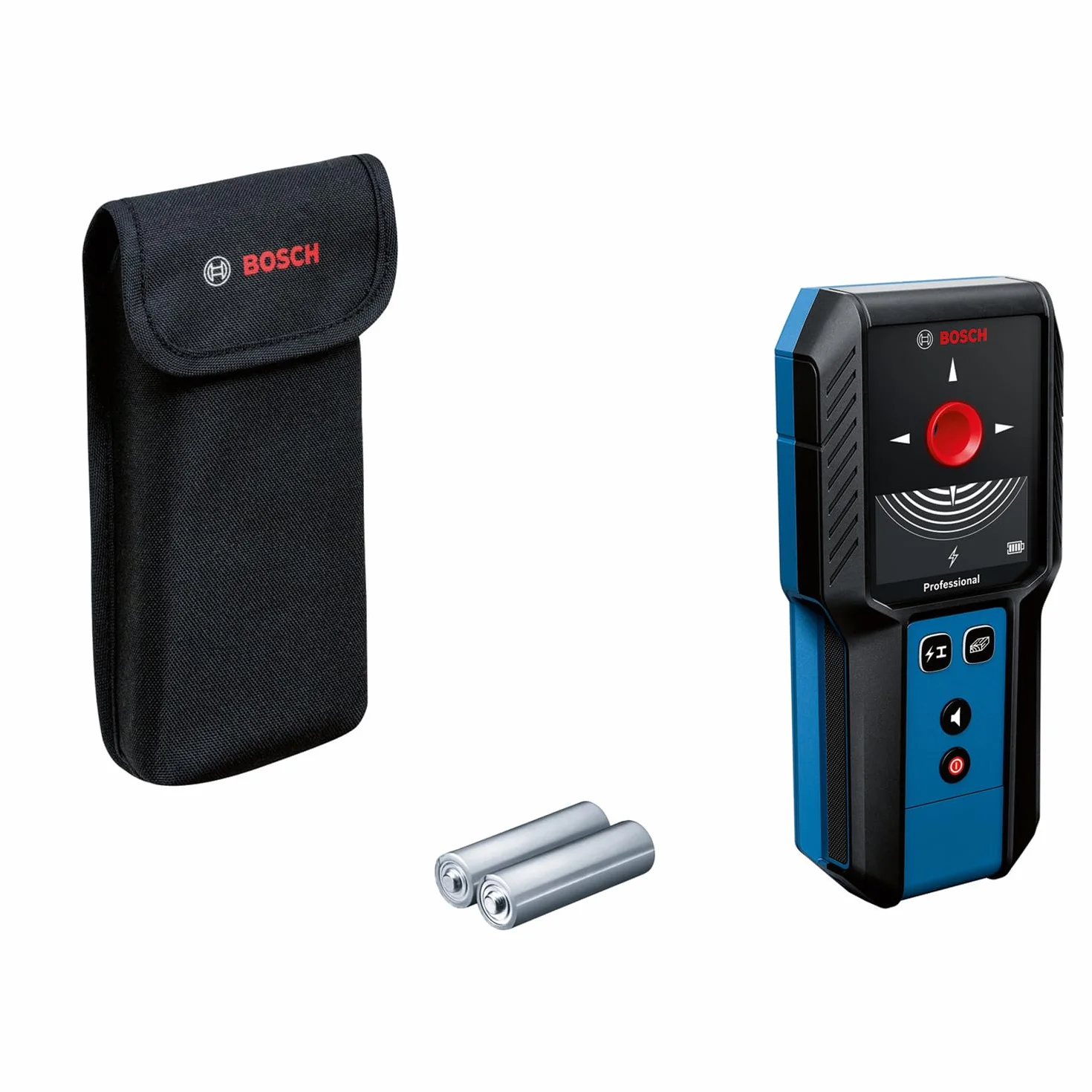 Bosch Professional: detektor GMS 120-27(przewód USB-C, maks. głębokość detekcji metali niemagnetycznych/metali magnetycznych/przewodów pod napięciem/drewna: 120/100/50/30 mm, 2 baterie AA, pokrowiec)