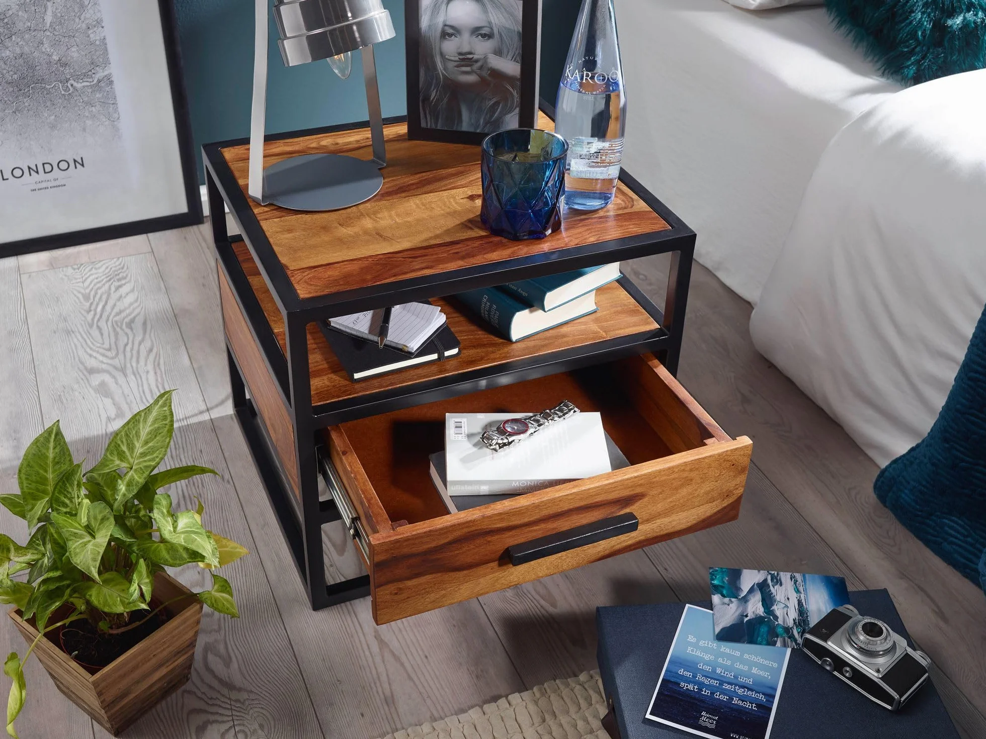 FineBuy Szafka Nocna 50x45x45 cm Lite Drewno Sheesham z Szufladą, Stal | konsola nocna industrialna ze stalowym stelażem i półką do łóżka kontynentalnego, szafka nocna ręcznie wykonana