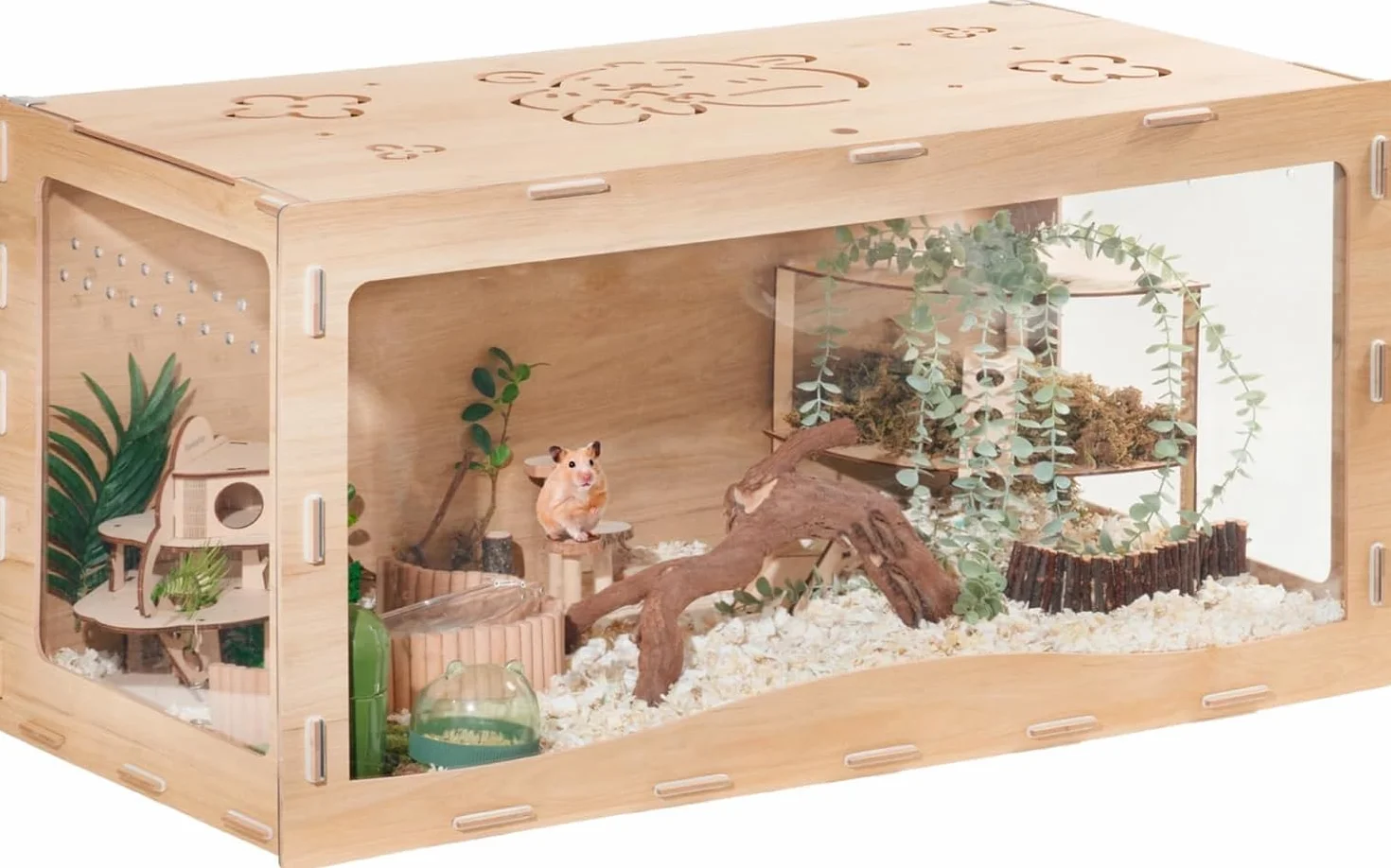 MEWOOFUN Drewniana klatka dla chomika trójstronna przezroczysta duża 85 x 43 x 43 cm