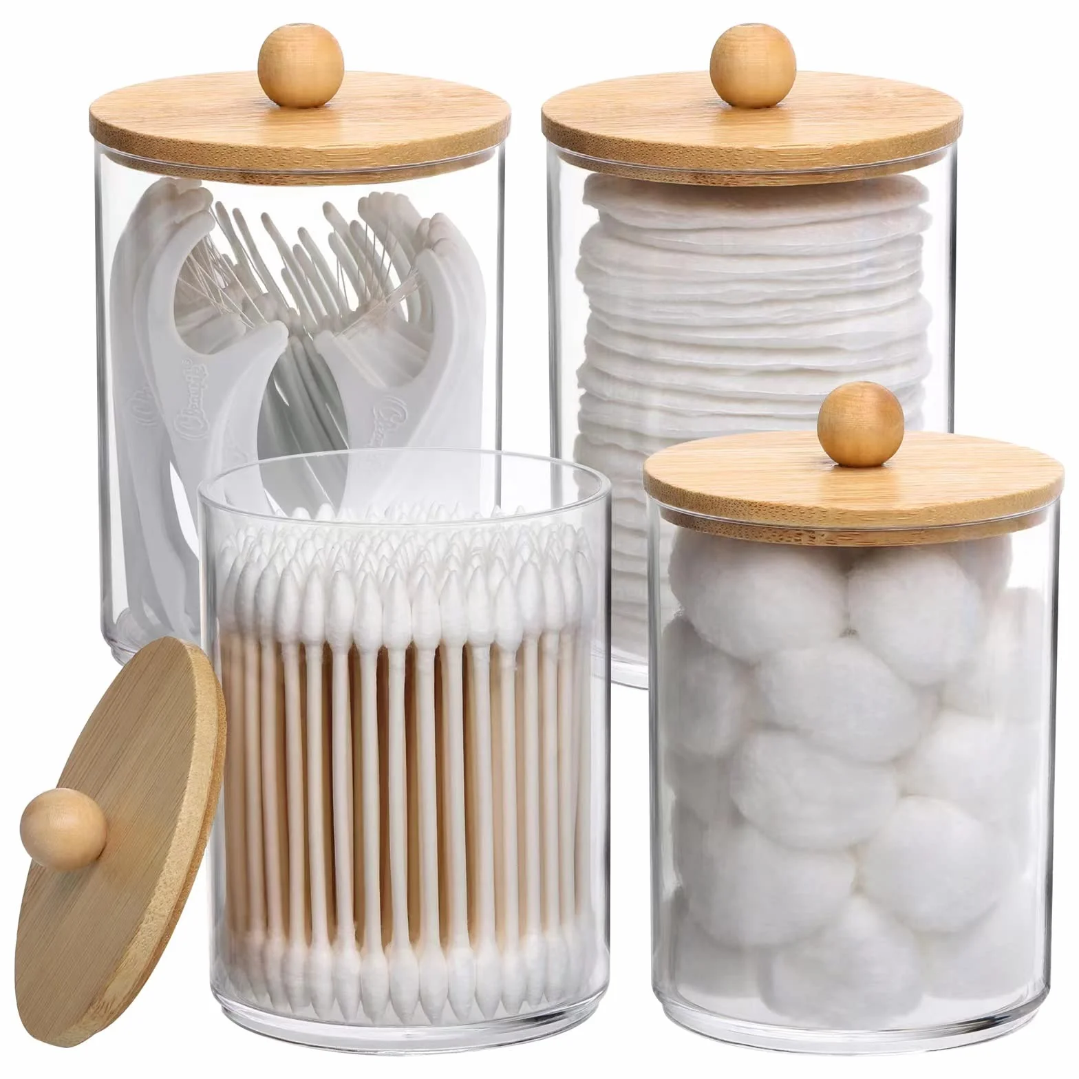 Tbestmax 4-pak uchwytów Qtip, 295 ml, organizer łazienkowy, pojemniki do przechowywania, przezroczyste plastikowe słoiki aptekarza z bambusowymi pokrywkami, do wacika, nici