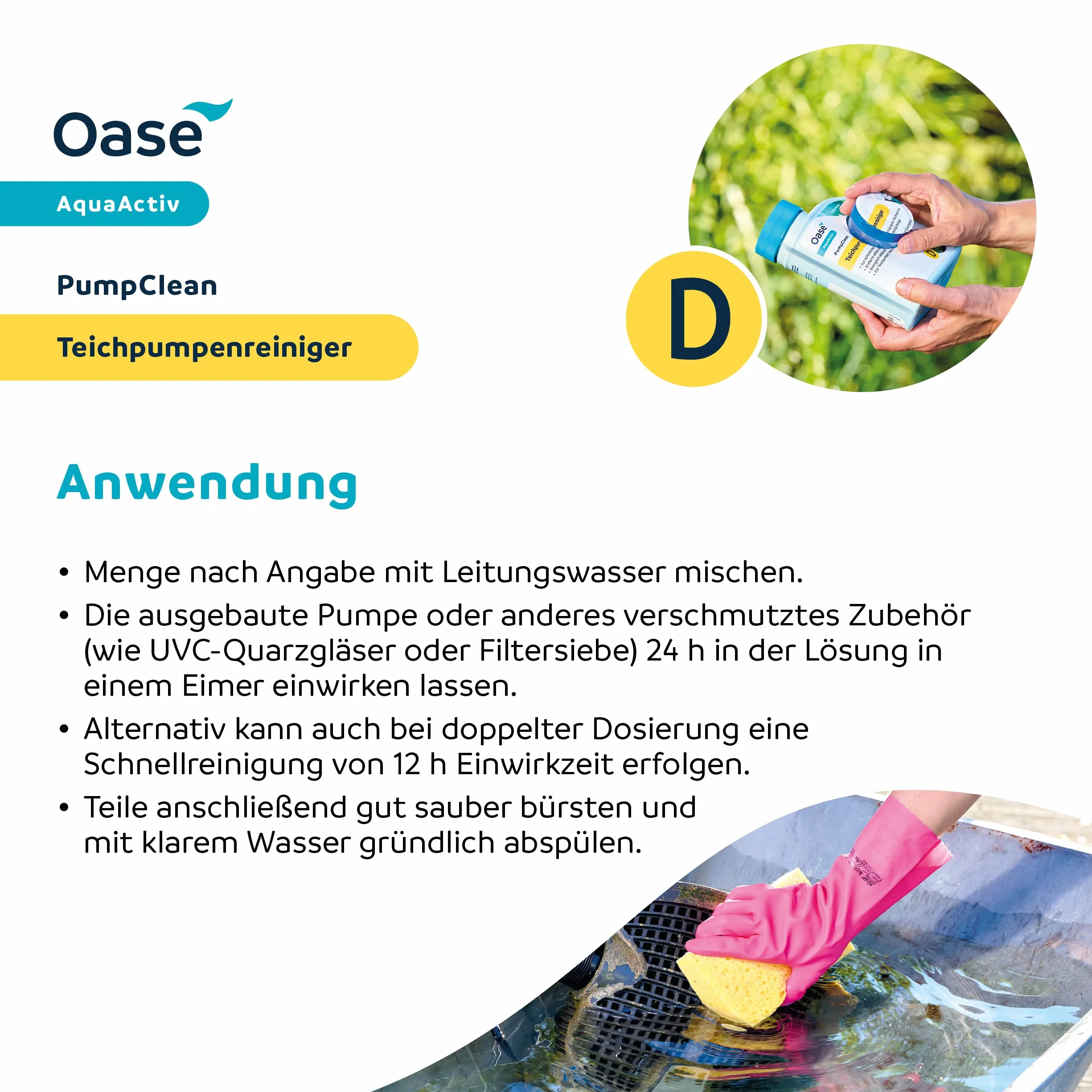 OASE 43146 AquaActiv PumpClean środek do czyszczenia pompy stawowej, 500 ml, czyści technologię stawu, taką jak pompy, sitka, szklanki kwarcowe, środek do czyszczenia pomp bez chloru i octu, kolor