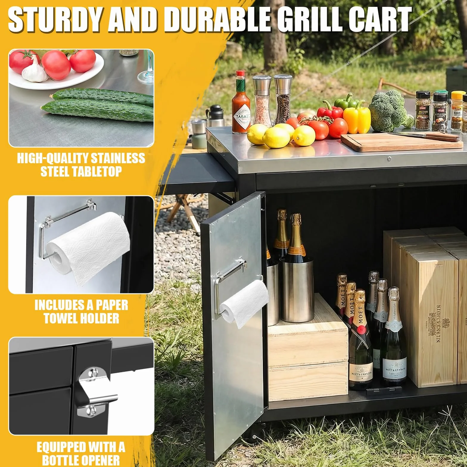 GFTIME Wózek grillowy 89,9 x 65 x 91,9 cm, wózek kuchenny do użytku na zewnątrz, z blatem roboczym ze stali nierdzewnej, 2 składane półki boczne, 2 drzwi i kółka, mobilny wózek do serwowania grilla