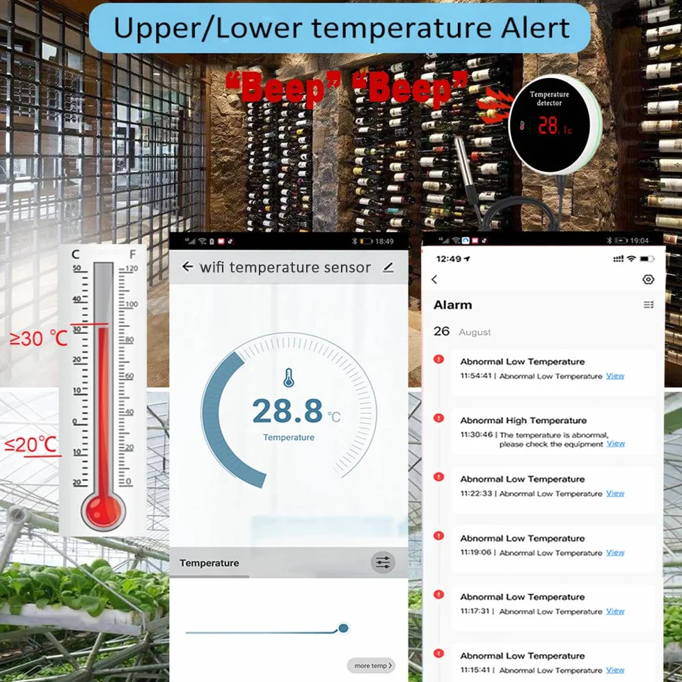 Inteligentny termometr z czujnikiem temperatury WiFi: cyfrowy miernik temperatury z wodoodporną sondą zewnętrzną, alarmem aplikacji i alarmem brzęczyka, akumulator do zamrażarki, lodówki, akwarium