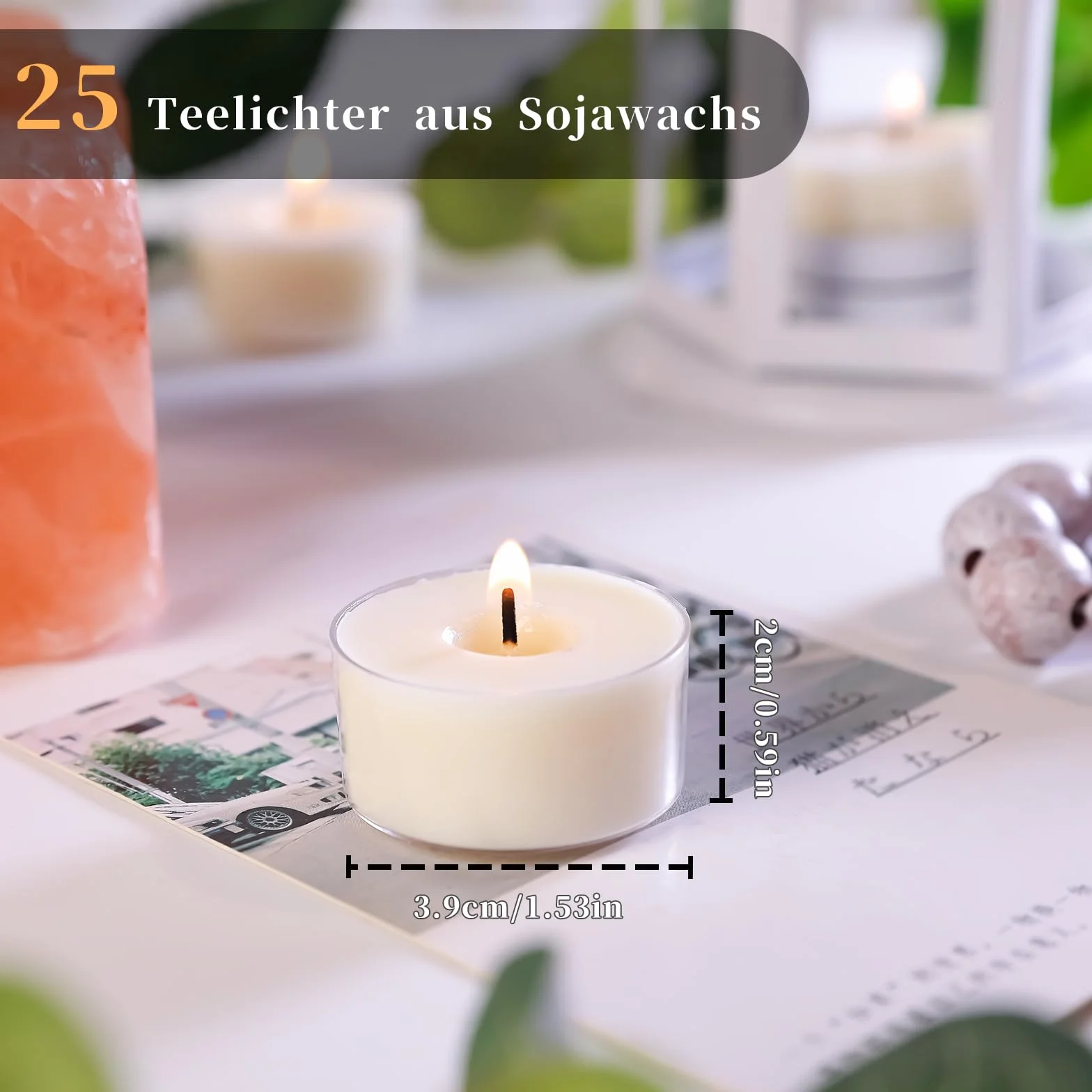 25 sztuk naturalnych, bezzapachowych świeczek typu tealight ze 100% wosku sojowego, czas palenia 6 godzin, bez parafiny, nietoksyczne, wegańskie, w przezroczystej filiżance