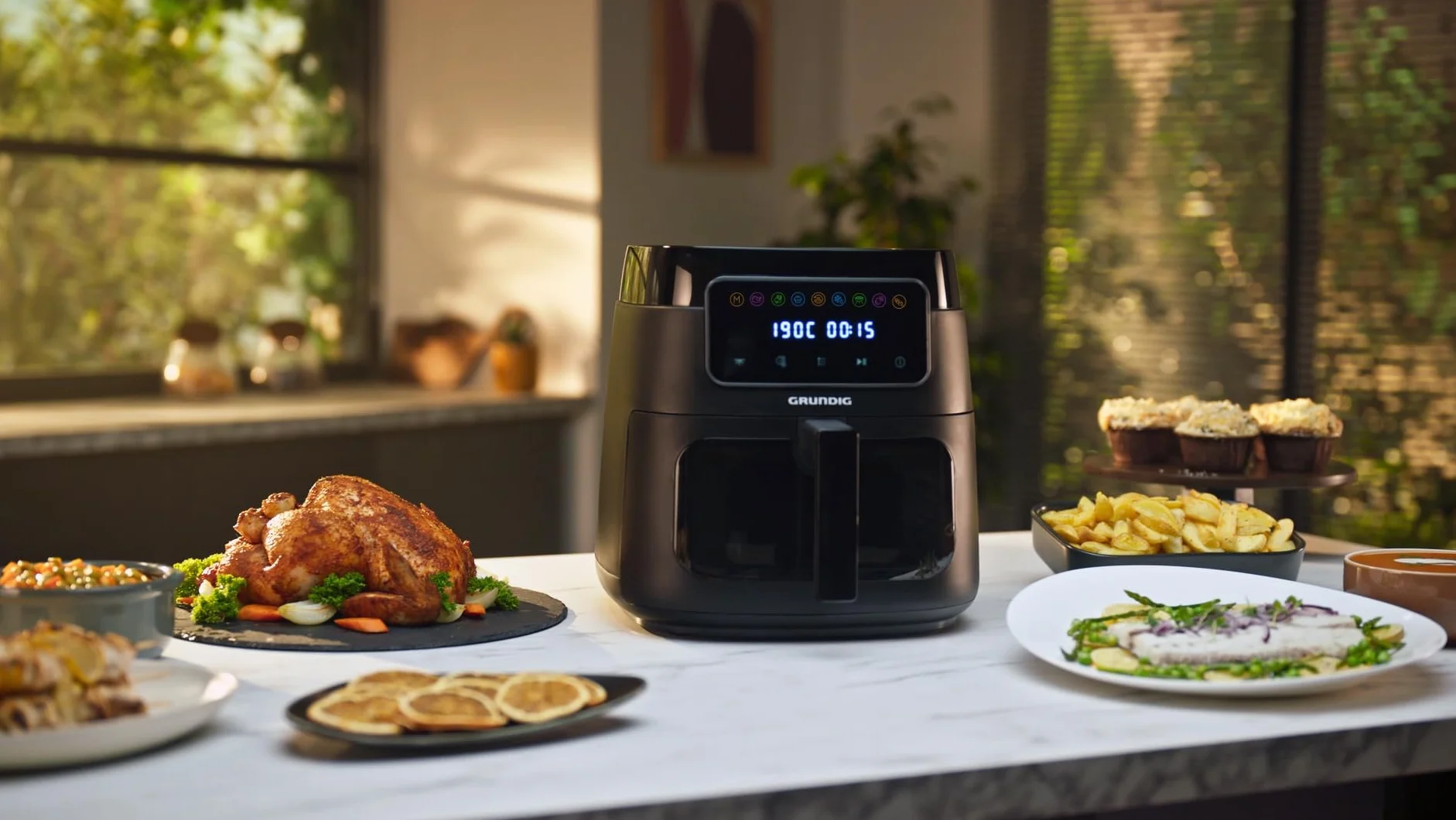 Grundig FRY 7320 frytkownica na gorące powietrze, pojemność 7,6 l, 1750 W, wyświetlacz dotykowy, duże okienko, regulacja temperatury i czasu, powłoka zapobiegająca przywieraniu, kosz nadaje się do