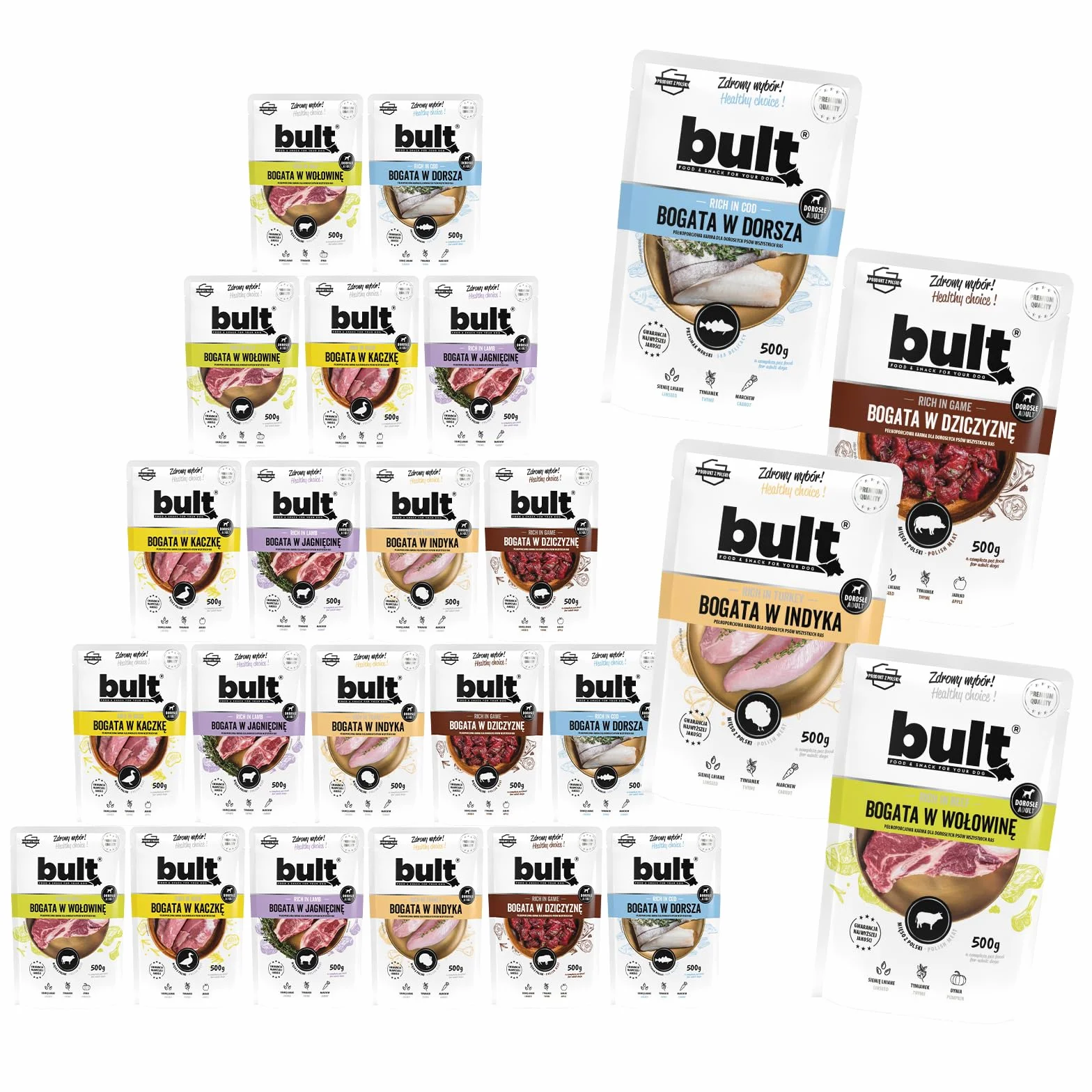 BULT, Mokra Karma dla Psa, Mix Smaków (Dorsz, Dziczyzna, Indyk, Jagnięcina, Kaczka, Wołowina), 500g x 20 Saszetki, Pełnoporcjowa, Dla Dorosłych Psów