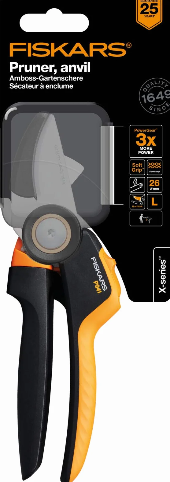 Fiskars Sekator kowadełkowy, X-series PowerGear, P941, Z uchwytem rolkowym, Do suchych gałęzi, Powłoka nieprzywierająca, Ostrza ze stali nierdzewnej, Długość: 22,2 cm, Czarny / pomarańczowy, 1057174