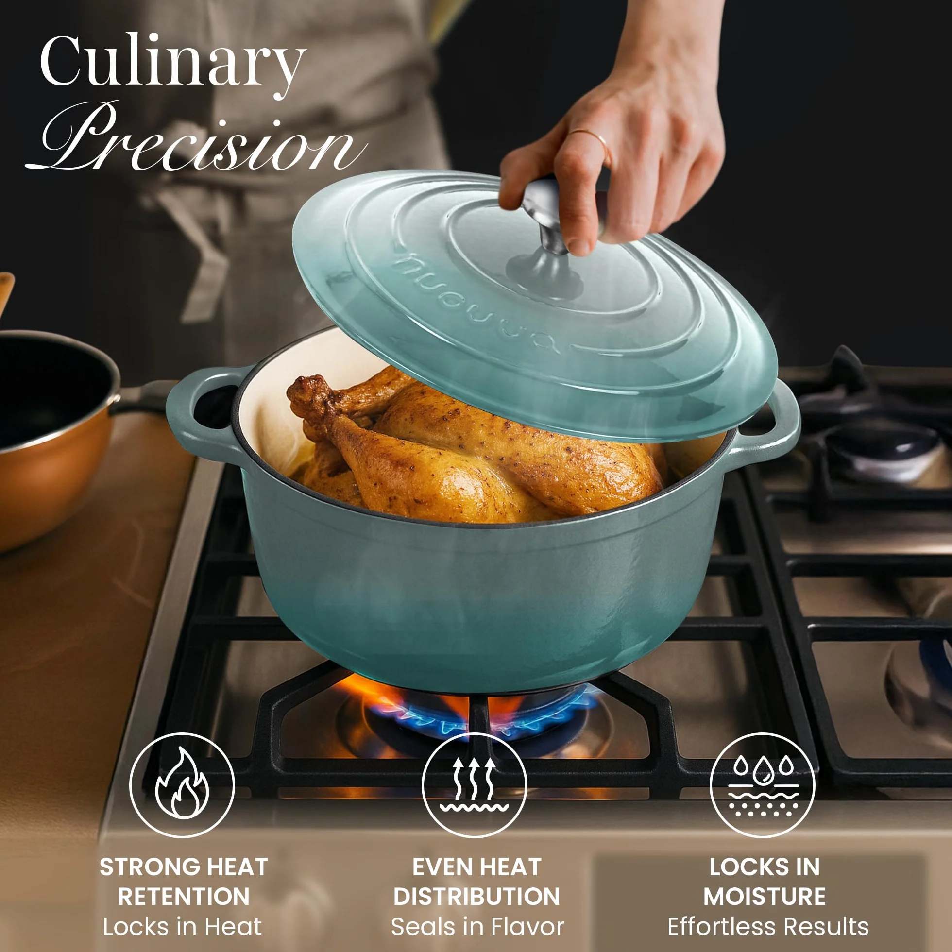 Garnki z Żeliwa z Pokrywką – Emaliowane, Nieprzywierające, Odporny na Piekarnik do 500° F – Solidne Garnki Holenderskie – Sól morska, 6.4 Quart, 28cm – od Nuovva