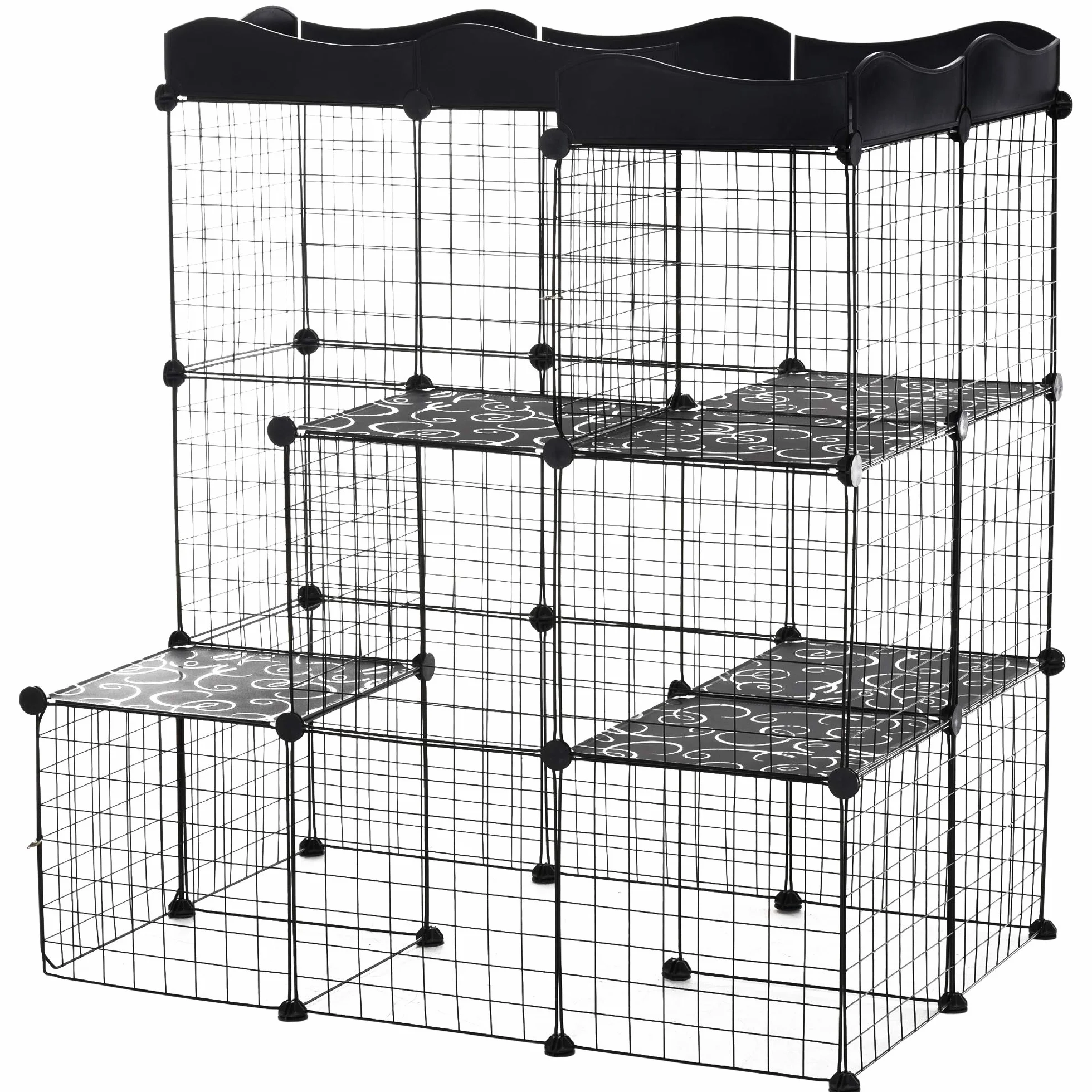 PawHut Klatka dla kotów, kojec dla małych zwierząt, kotów, norek, modułowy, 3 poziomy, 2 drzwi, rampa, metalowy drut, 105 x 70 x 116 cm, czarna