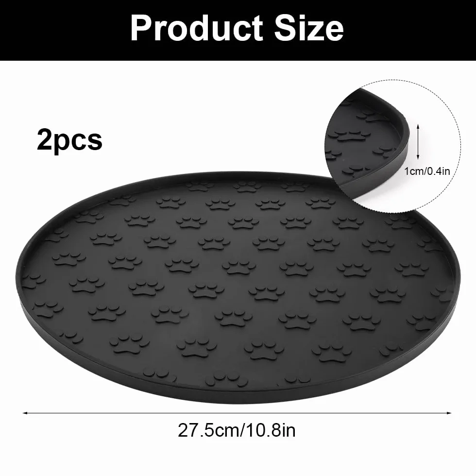 2 czarne podkładki pod miskę dla kotów, 27,5 x 27,5 x 1 cm, okrągła, wodoodporna, silikonowa mata na karmę dla psów, podkładka z podwyższoną krawędzią, dla średnich i małych zwierząt domowych, 2