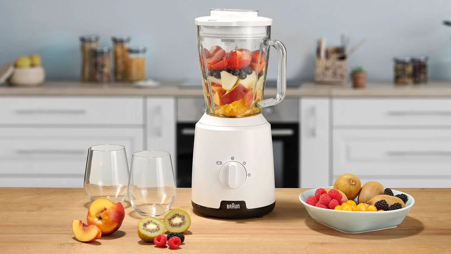 Braun PowerBlender 1, pojedynczy trójkątny mikser w szkle, 2 prędkości, funkcja kruszenia lodu, JB1050WH, 600W, biały