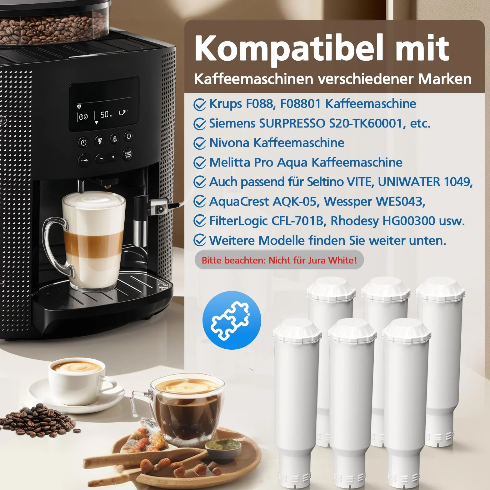 6 sztuk filtrów do wody kompatybilnych z Krups F088, 3-stopniowy filtr do ekspresu kawy Nivona Melitta Pro Aqua