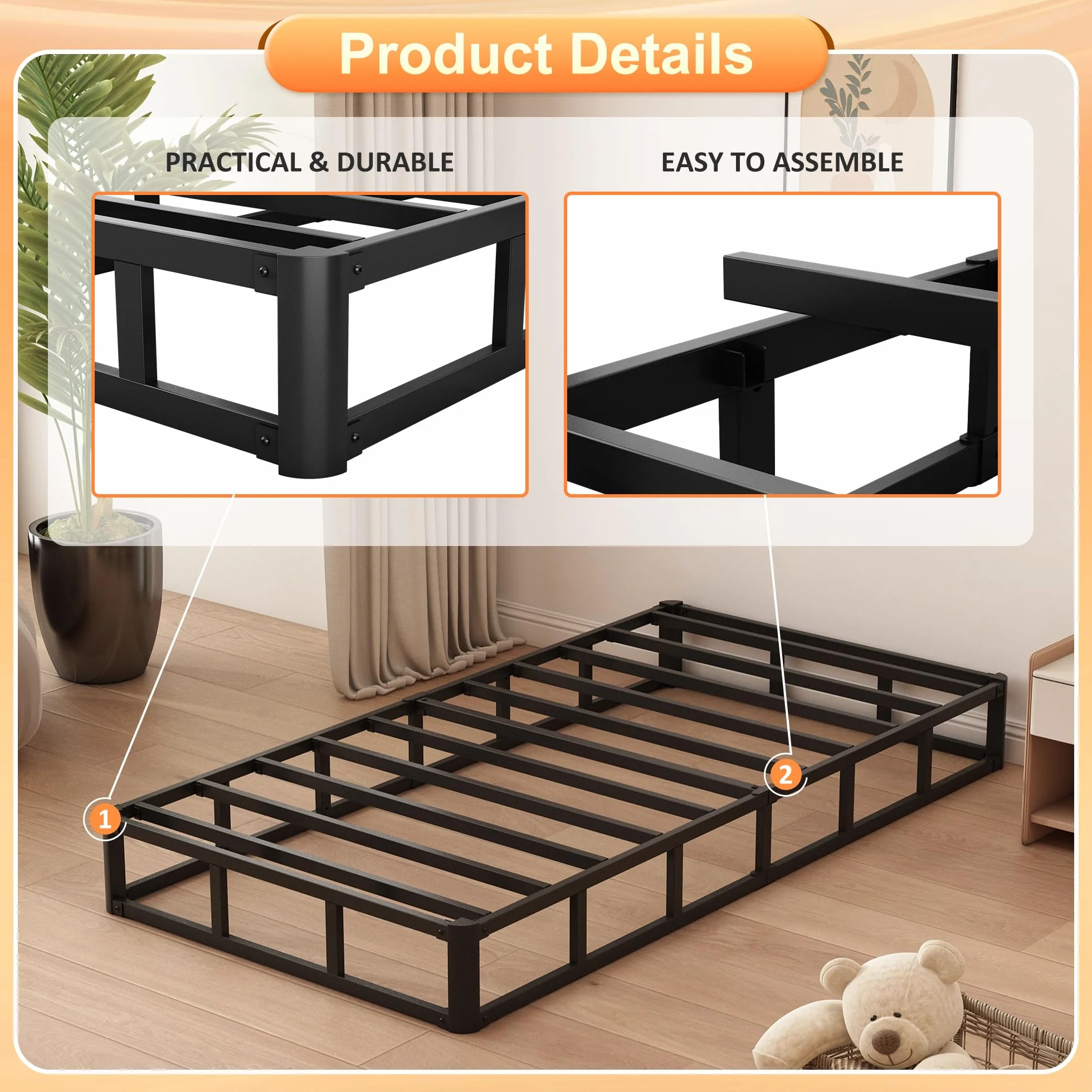 Husleephu Twin XL Box Spring, 20 cm, wysokoprofilowa metalowa rama Twin XL Box Spring, tylko podstawa łóżka z pokrowcem z tkaniny, solidny fundament materaca, łatwy montaż, bez hałasu, czarna
