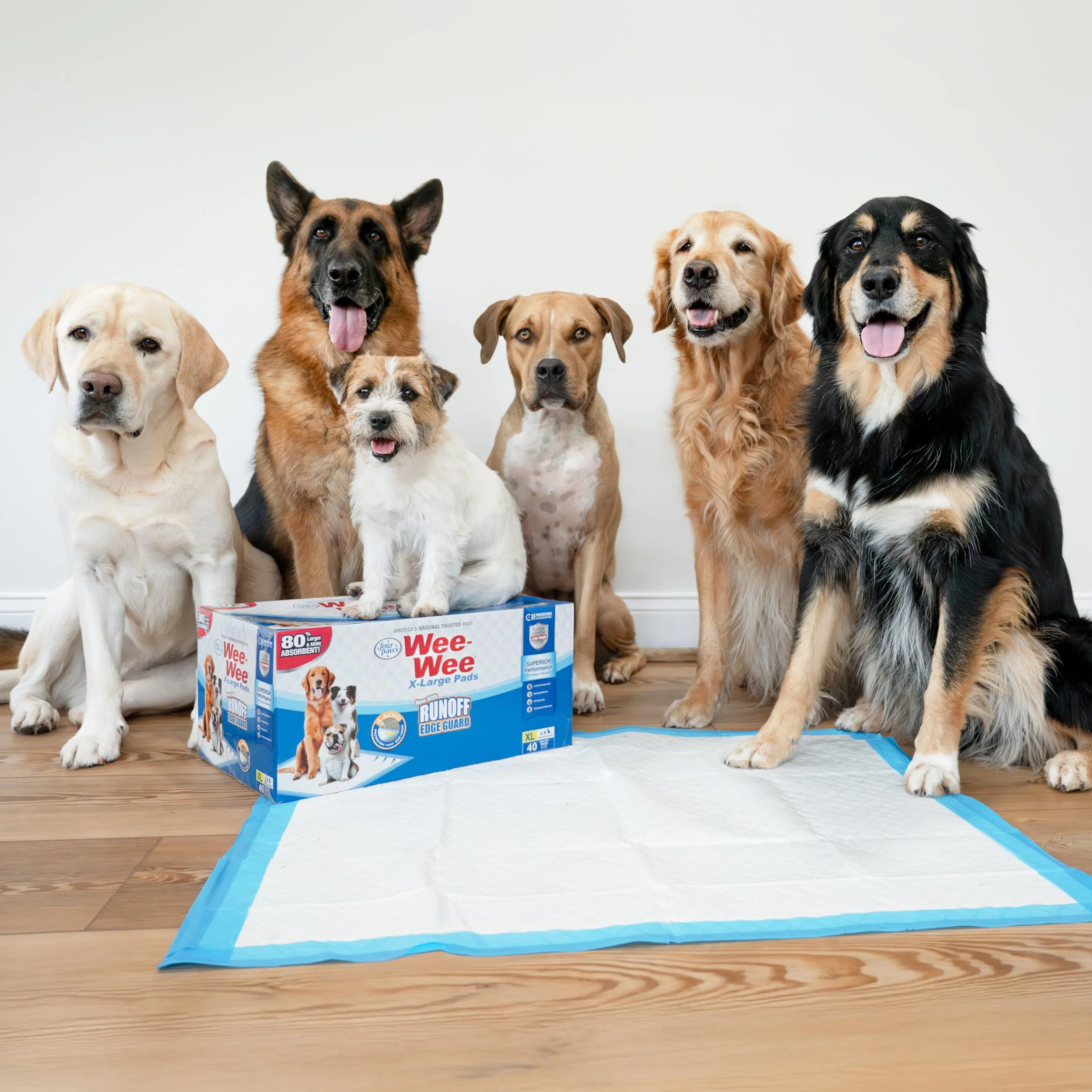 Four Paws Wee-Wee najwyższej jakości podkładki do siusiu dla psów i szczeniaków, z 6-warstwową technologią szczelną, do treningu w domu, gigantyczne, 69,85 x 111,76 cm, 18 szt