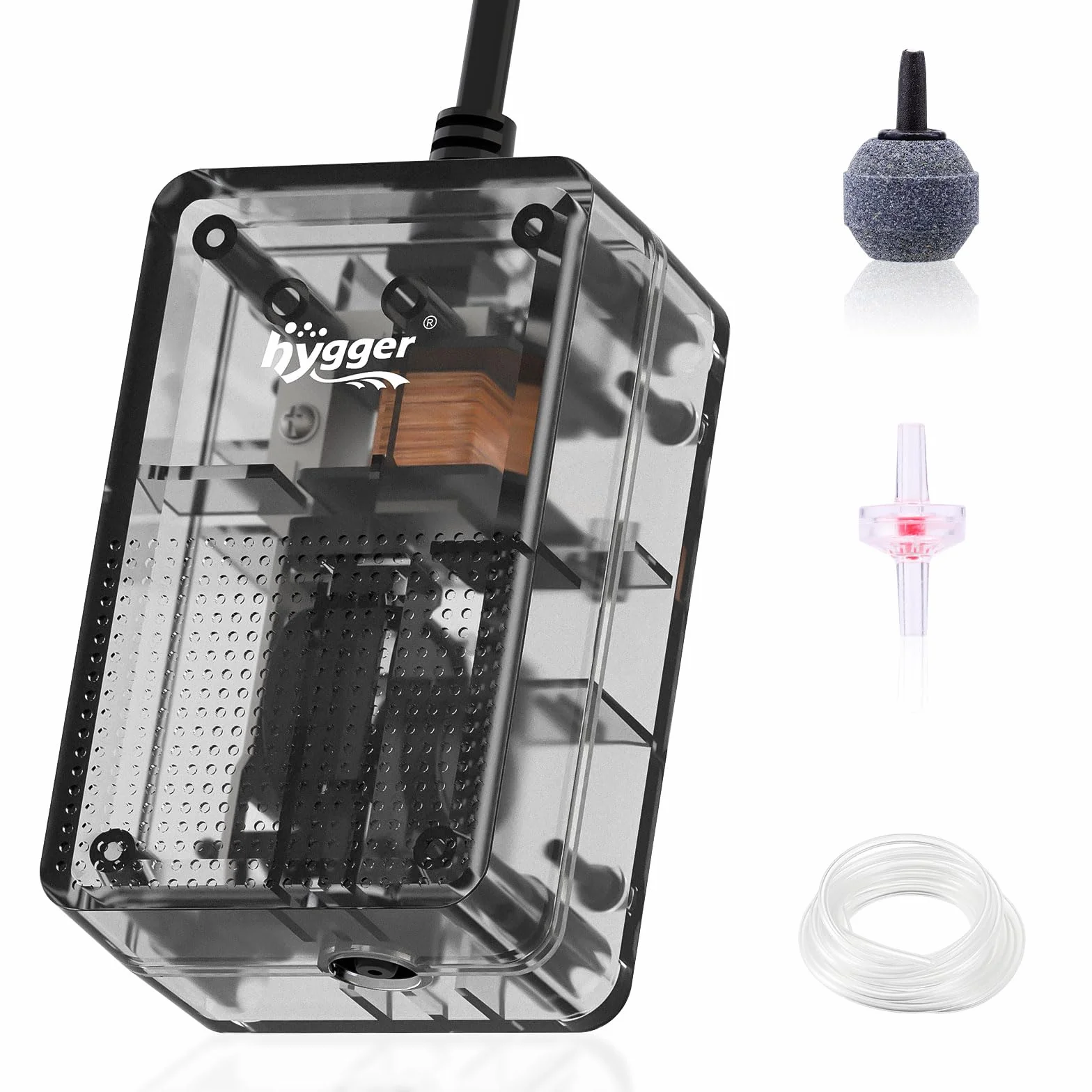 hygger Pompa tlenowa do akwarium, pompa powietrza 1,5 W, cichy perlator < 40 dB, regulowana pompa membranowa 800 ml/M, energooszczędna z przezroczystą strukturą, do basenów rybnych i nanoakwariów
