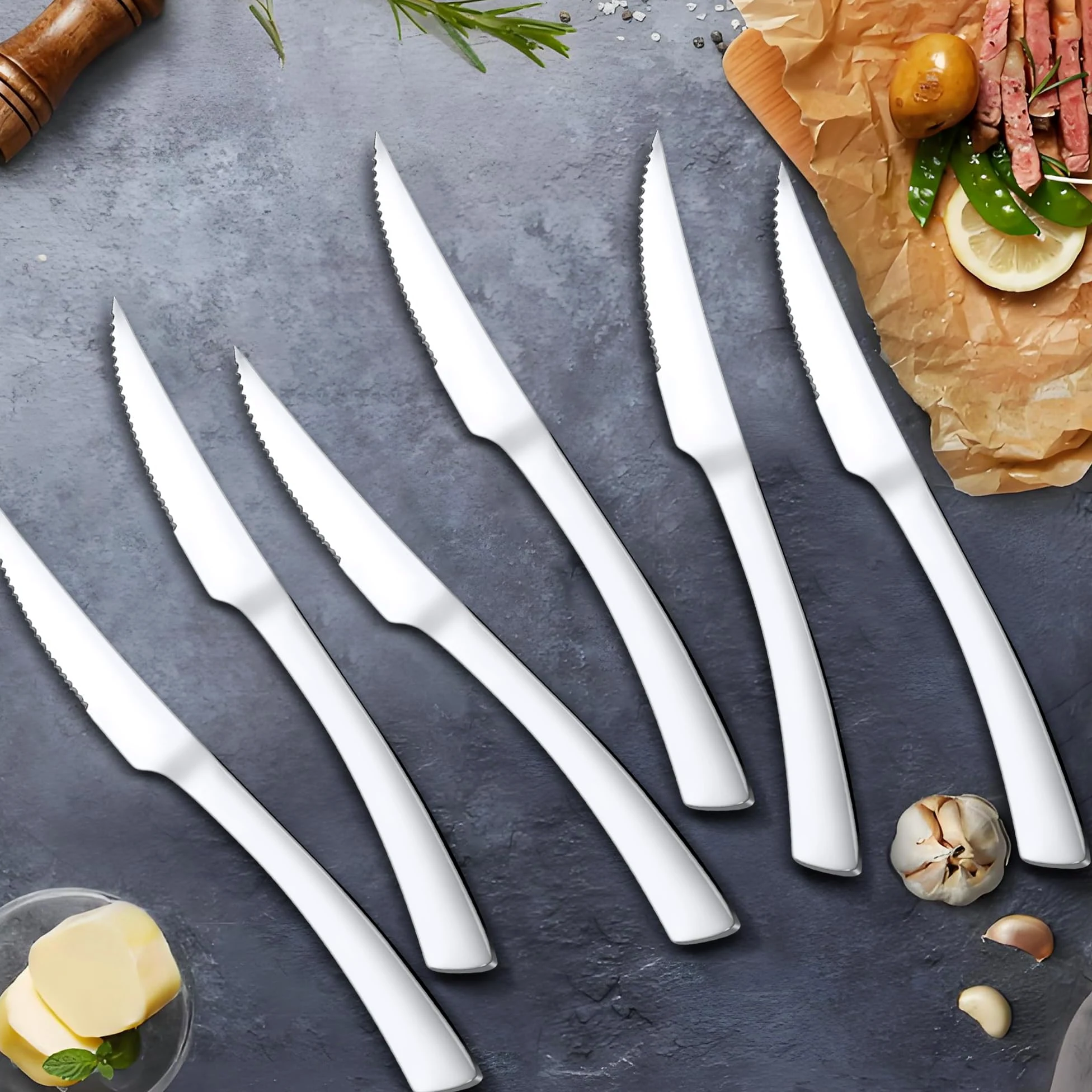 HaWare Zestaw 8 noży do steków ze stali nierdzewnej, nóż stołowy, nóż do masła, ostre noże ząbkowane, do domu, kuchni, restauracji, ergonomiczny uchwyt, polerowany na wysoki połysk
