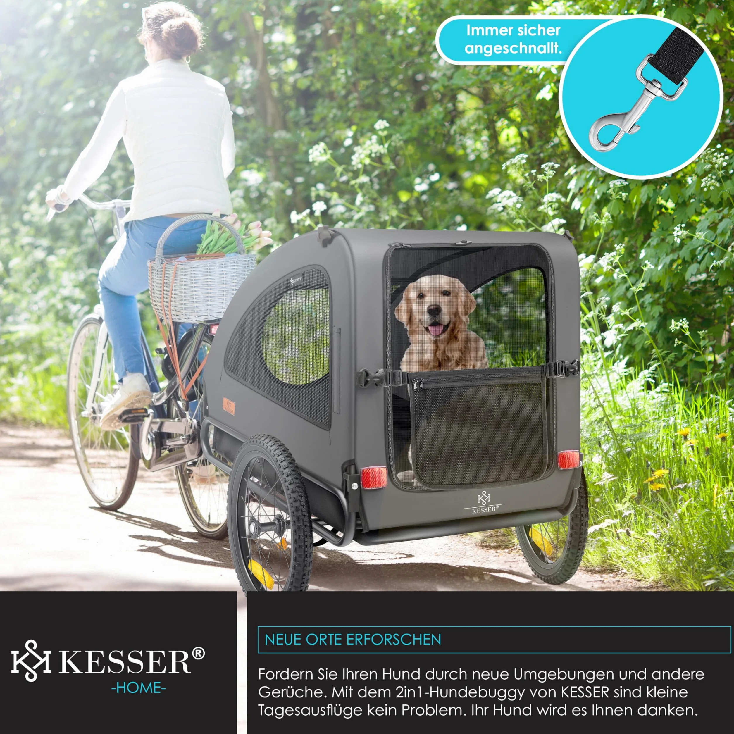 KESSER® Zawieszka dla psa 2 w 1 przyczepka rowerowa dla psa, duża pojemność ok. 250 l, w zestawie flaga i torba, płótno Oxford 600D, składany, SmartSpace Concept, maks. 45 kg