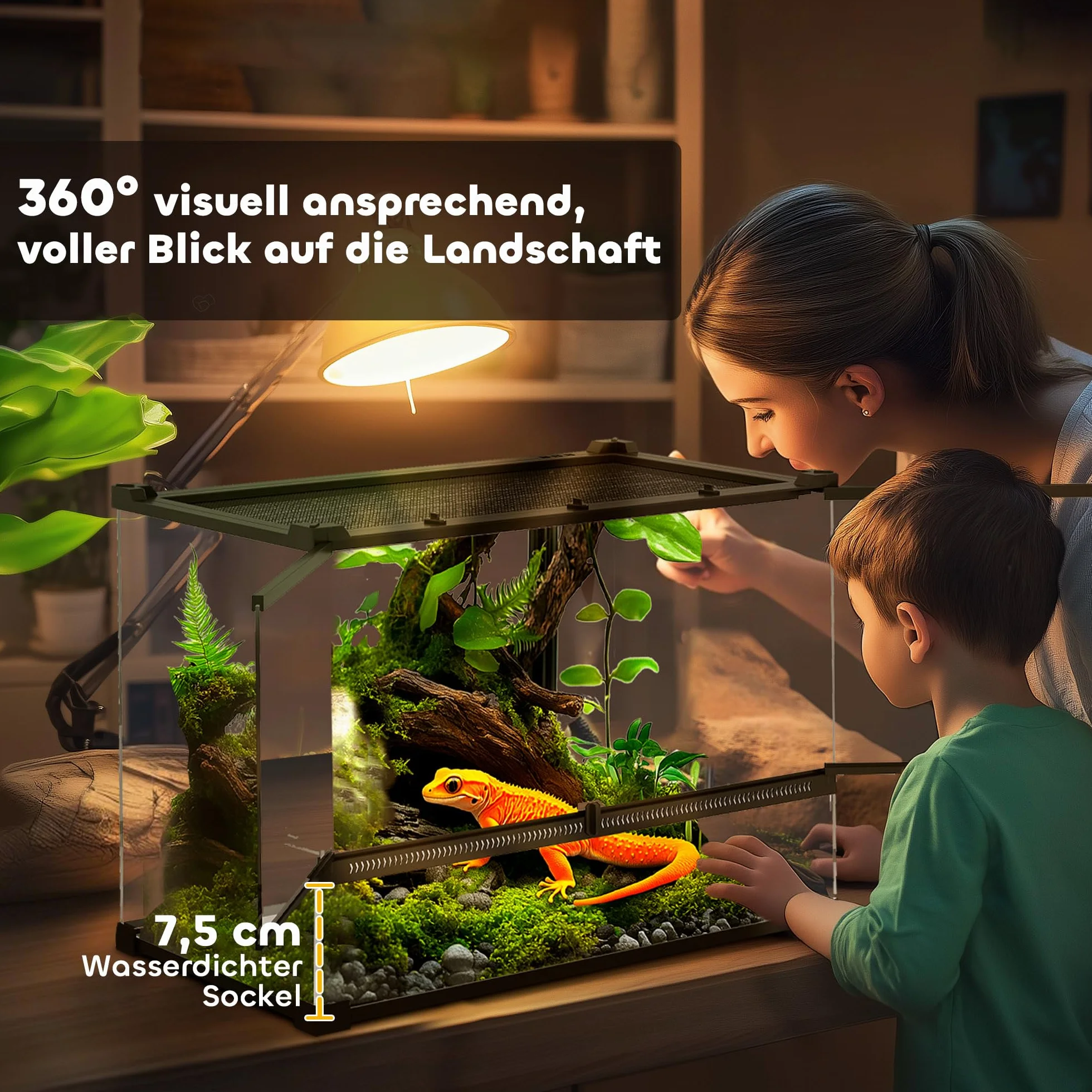 PawHut Terrarium dla gadów, szklane sterrarium 48 l, pudełko na karmienie gadów, z przednią wentylacją, odporne na wybicie zamknięcie obrotowe dla pająków, czarne, 50 x 30 x 35 cm