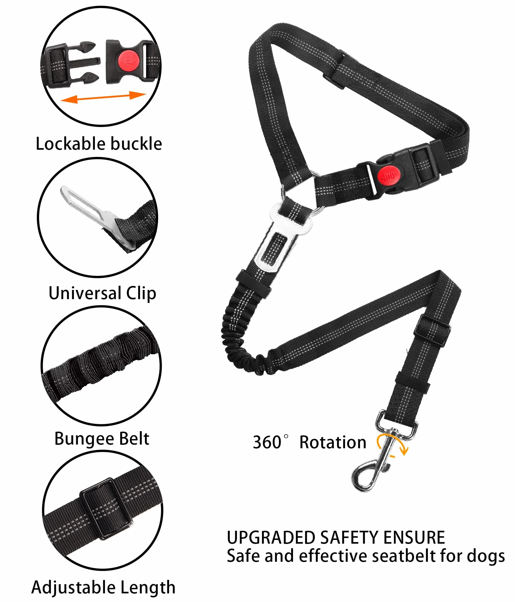 YAODHAOD Uprząż bezpieczeństwa dla psa, regulowana, z elastycznym buforem, karabińczyk obracany o 360°, nylonowe, pasy bezpieczeństwa Heavy Duty, uprząż samochodowa dla psów (typ cokołu, czarna)