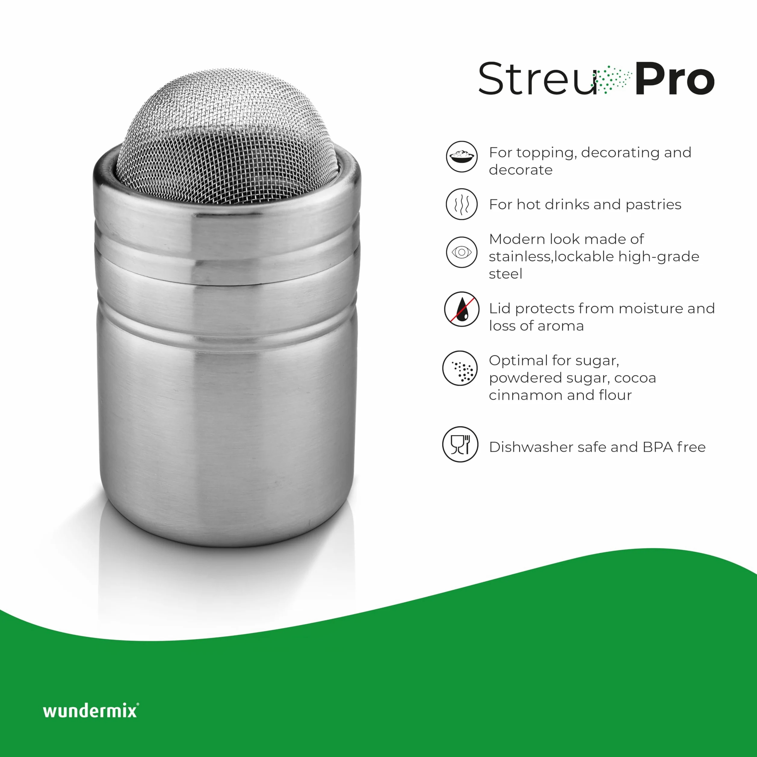 Wundermix - posypywacz StreuPro ze stali nierdzewnej • Posypywacz do cukru, cukru pudru, mąki, kakao i cyny • Do posypywania ciast, cappuccino, gorącej czekolady i nie tylko • Posypywacz do cukru