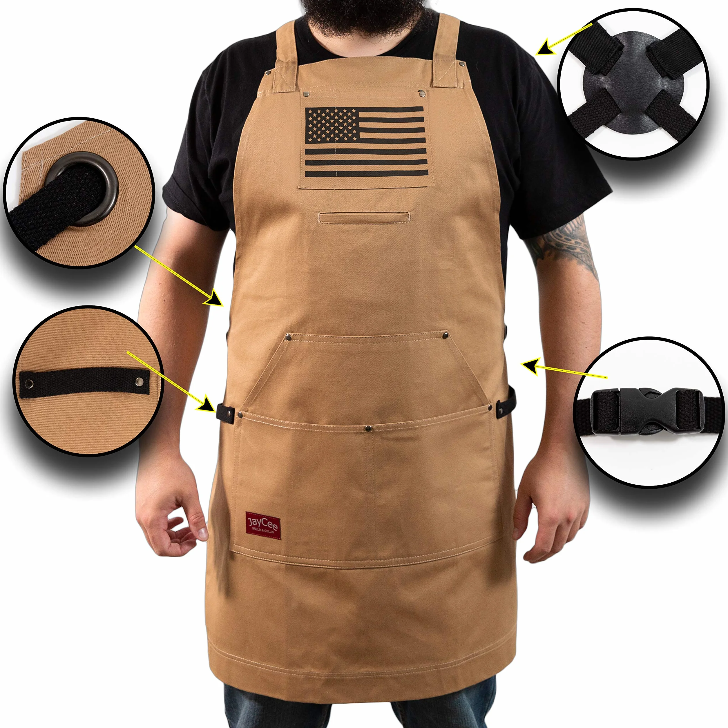 JayCee Fartuch do BBQ, grilla, gotowania, hobby i warsztatu, 5 kieszeni, krzyżowe plecy, 2 szlufki na narzędzia/ręczniki, 284 g bawełny, wspaniały prezent