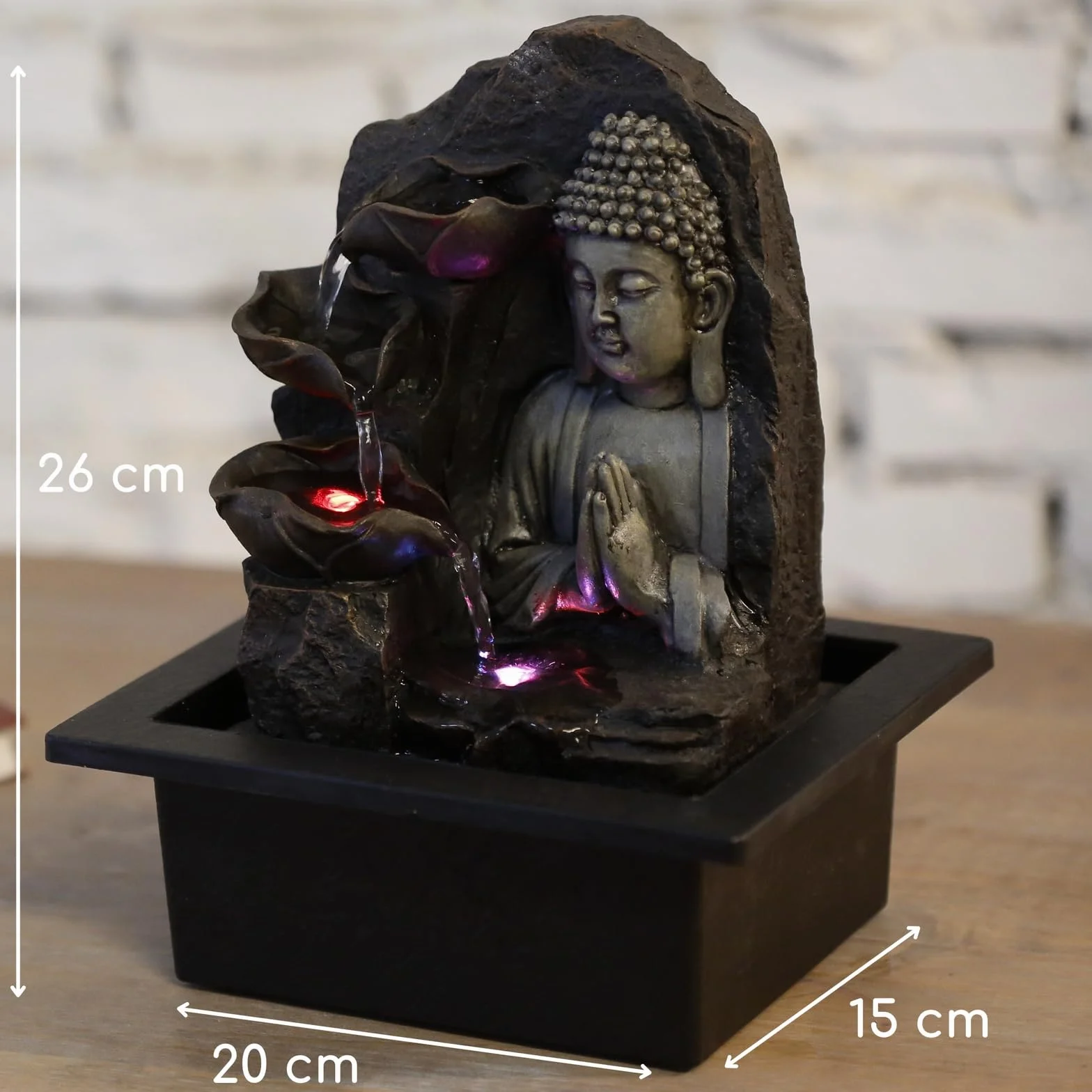 Fontanna wewnętrzna Wodospad Budda Lotos Kolorowe światło LED, dekoracja wnętrz Feng Shui, pomysł na prezent Zen Mind, z dostarczoną cichą pompą, duchowość Zen'Light, 21 x 21 x 26 cm