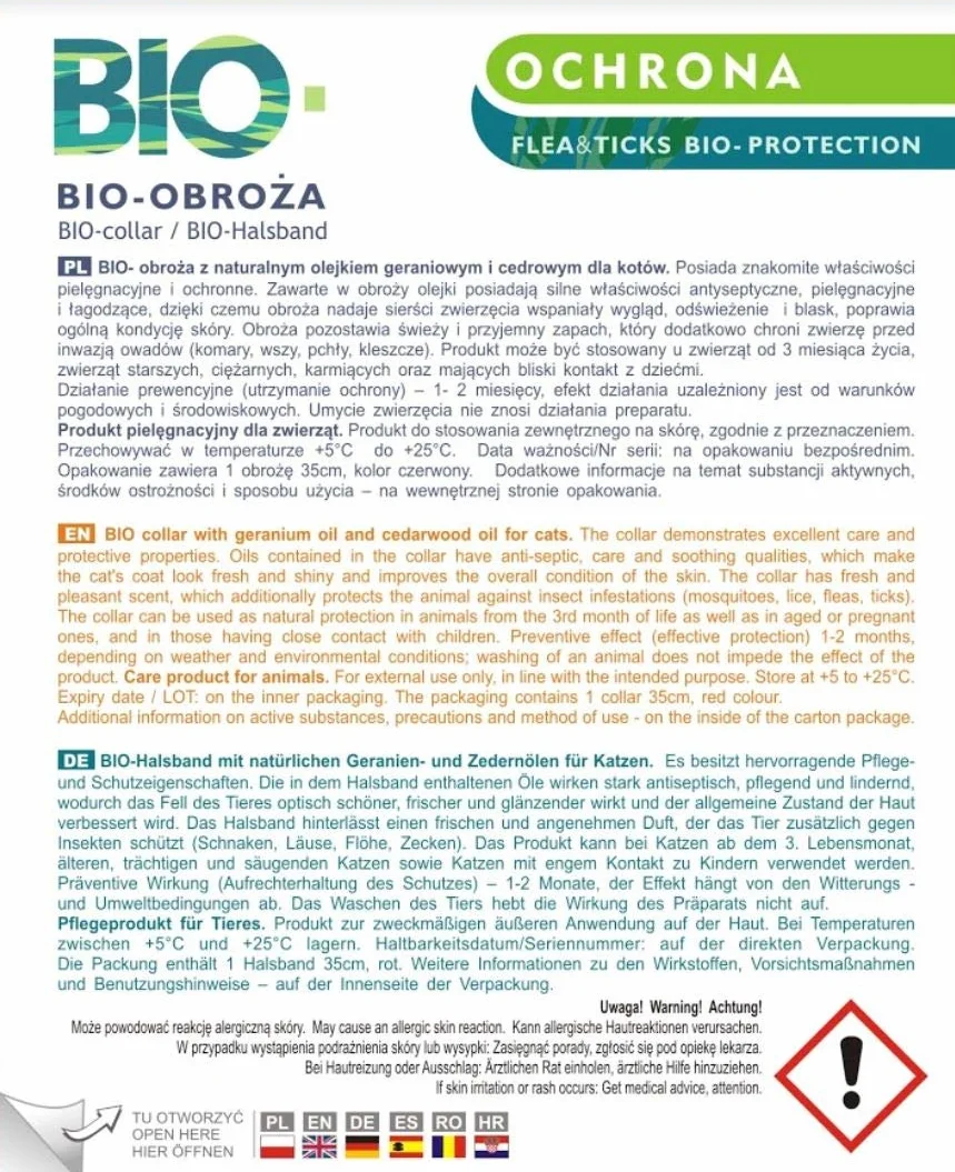 PESS Bio Obroża przeciw kleszczom i pchłom dla kotów z naturalnymi olejkami z pelargonii i cedry, 35 cm