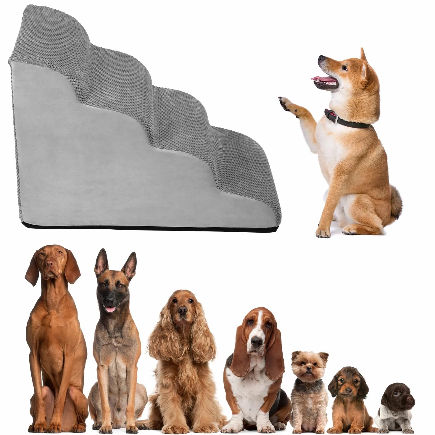 QWORK Schody dla psów 4 stopnie 74 x 40 x 52 cm z pianki z pamięcią kształtu