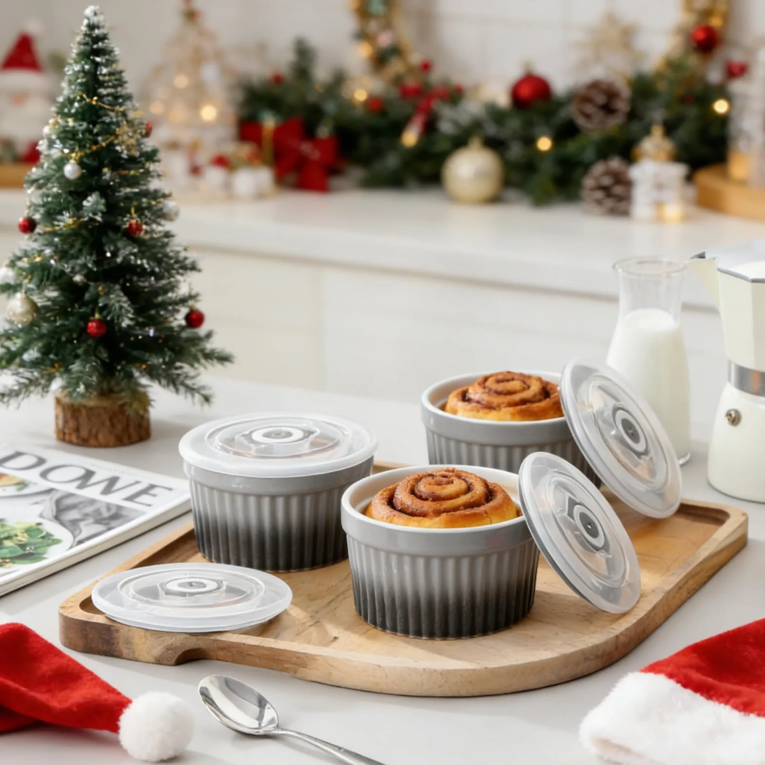 vancasso Ramekiny z pokrywkami, 6 x 260 ml, ramekiny i foremki do dmuchania z porcelany, Ramekin Creme Brulee do babeczek i ciast, ramekin, piekarnik do kremów, sos, owoce, Ø10,1 cm - szary