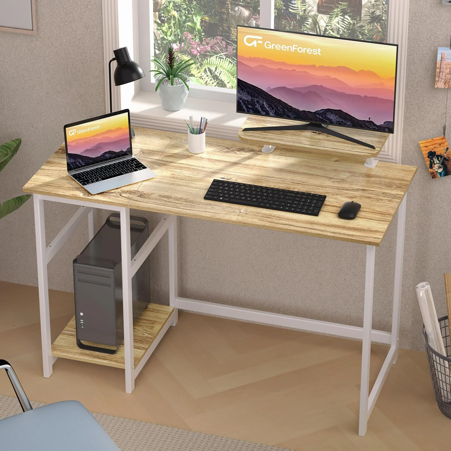 GreenForest Biurko Komputerowe ze Stojakiem na Monitor, 100 cm do Domowego Biura z Odwracalnymi Półkami do Przechowywania Laptopów, Małych Biur i Stanowisk Pracy, Beżowe