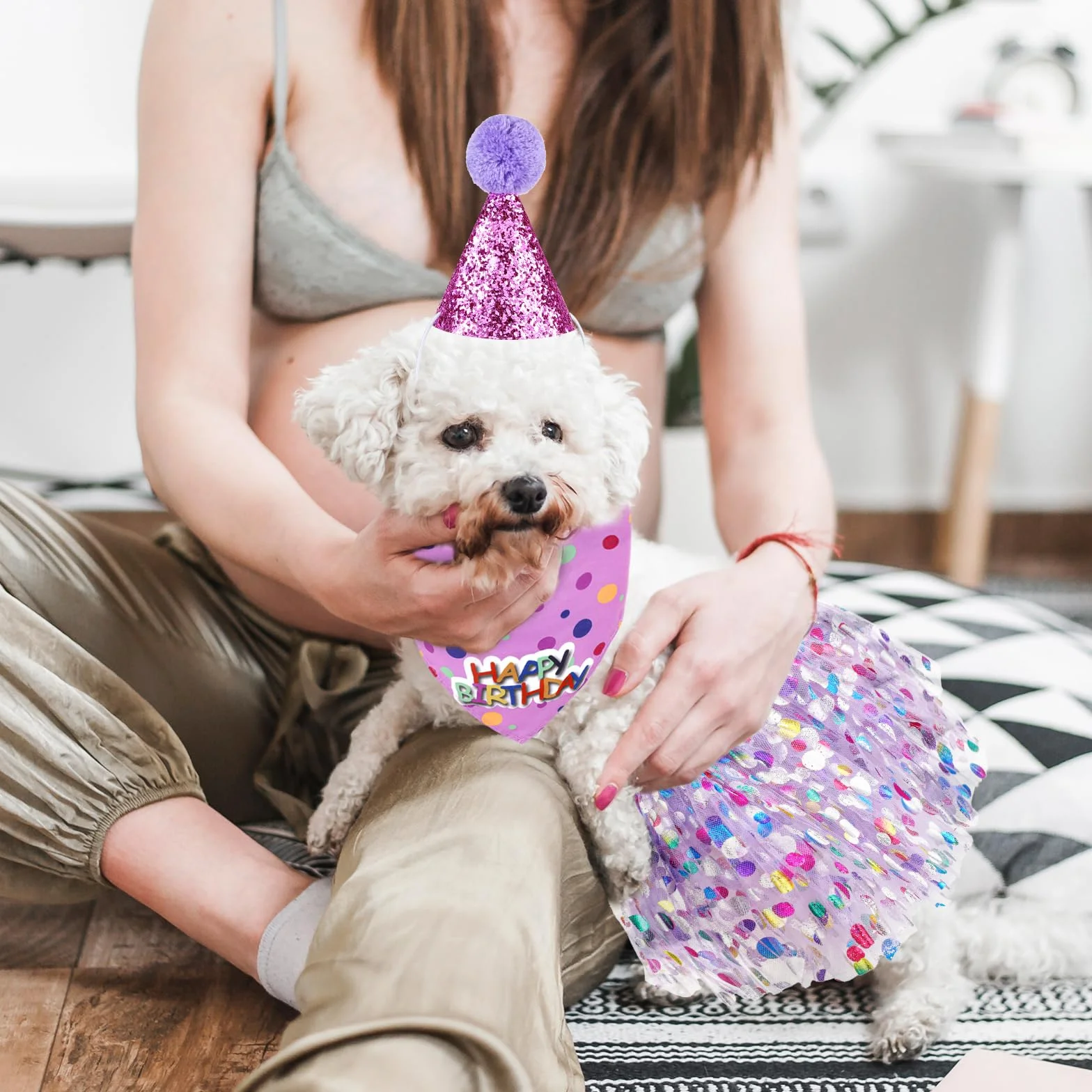 Dekoracje urodzinowe dla psa, bandana z brokatowym kapeluszem i sukienką, zestaw dla dziewczynki, mini czapki imprezowe, urocza spódnica tutu, kostium dla małych, średnich i dużych psów, kotów