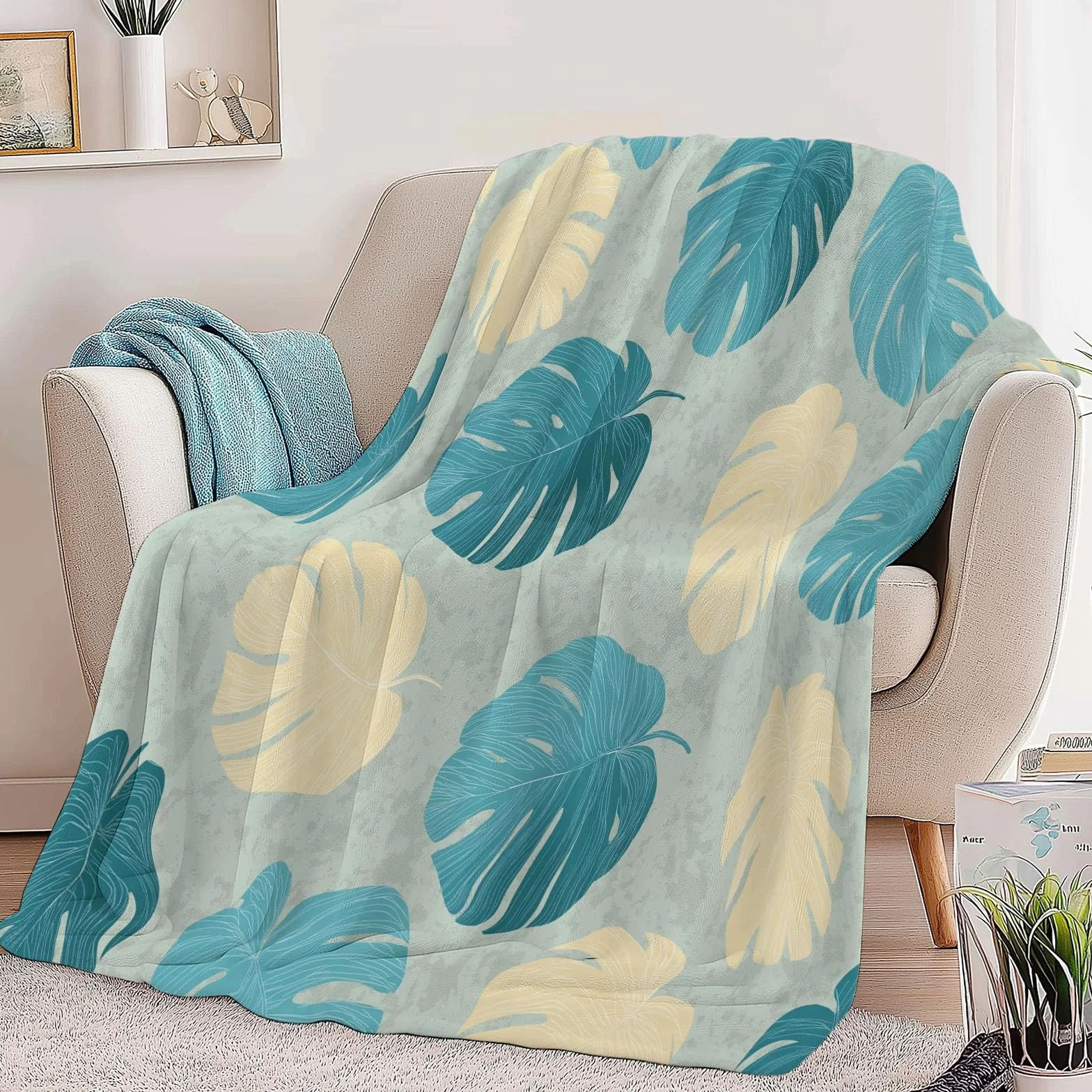 Vintage Monstera Flanelowy Koc Polarowy Liść Tekstura Krata, Narzuta na sofę Wygodny Dwuosobowy Koc na łóżko Zimowy pled 220 x 240 cm Kremowy