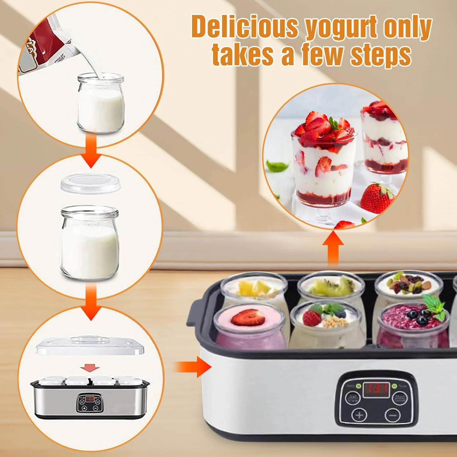 Ultimate Yogurt Maker, 1400 ml automatyczna maszyna do robienia jogurtu z 8 szklanymi słoikami, regulowana temperatura i kontrola czasu, probiotyczne jogurtownice do kuchni i domu