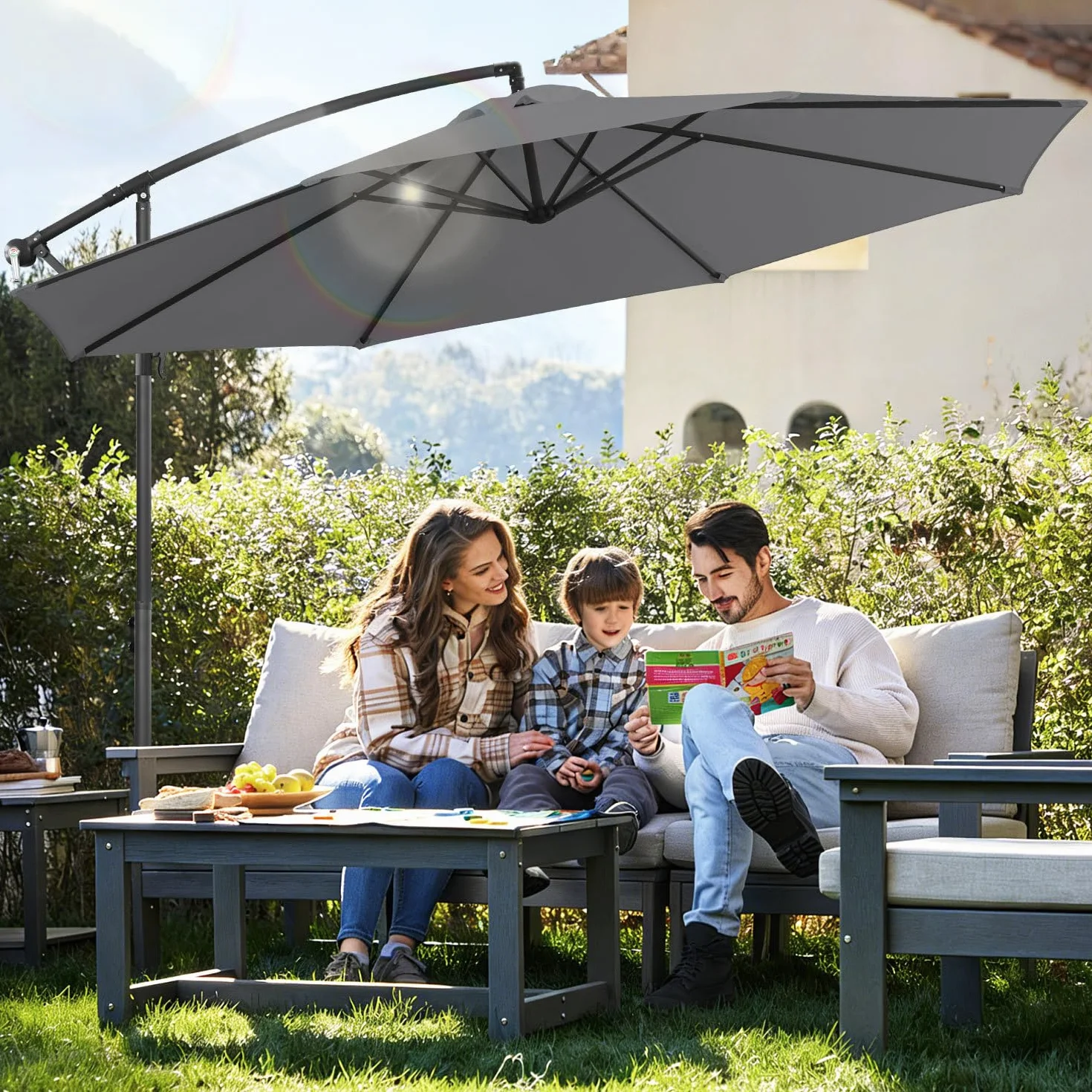 Parasol przeciwsłoneczny 350 cm, ze stojakiem i korbą, parasol ogrodowy, ochrona przed promieniowaniem UV, 8 stalowych wsporników, regulowany kąt nachylenia i wysokość, do basenów, balkonów i