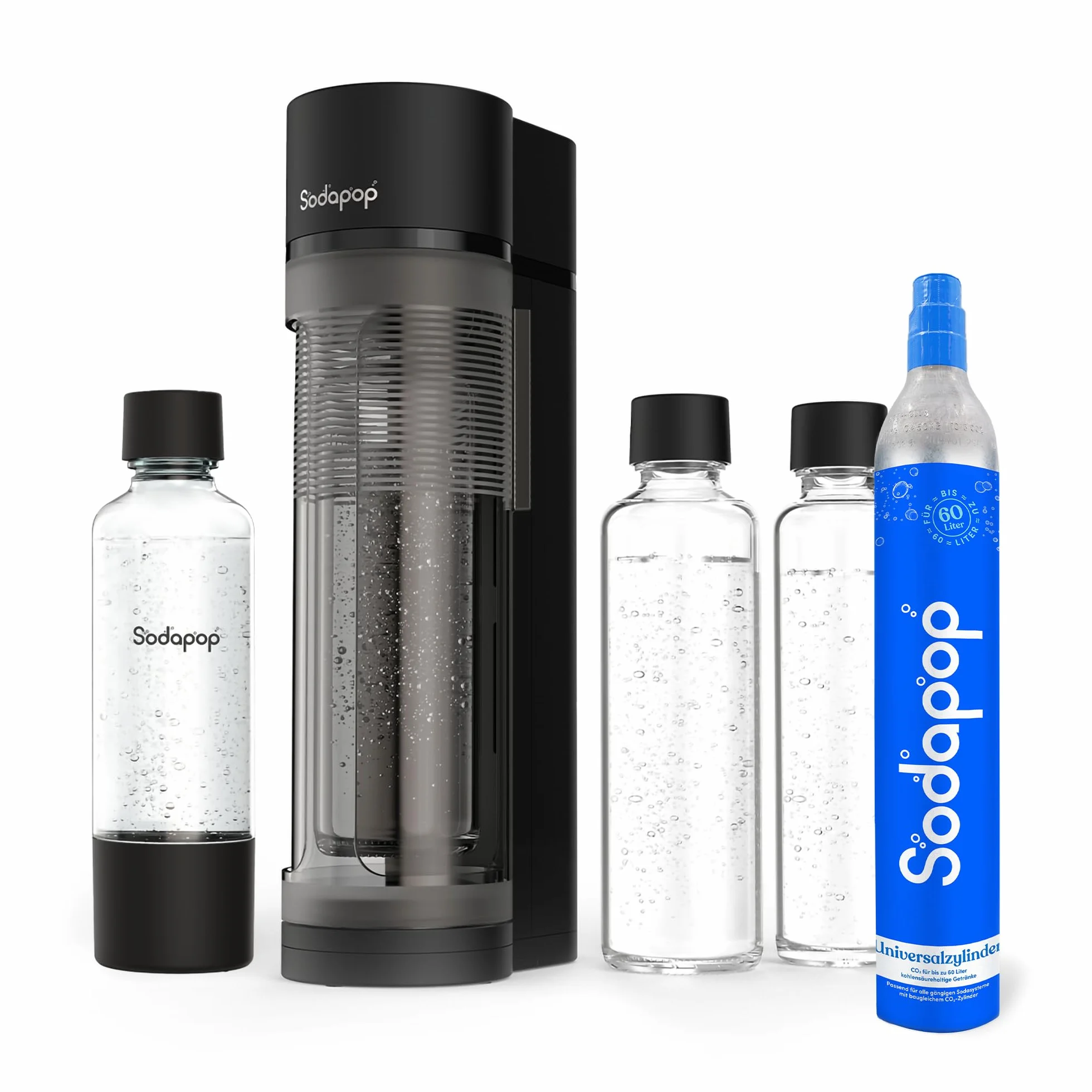Sodapop Saturator Logan zestaw startowy z cylindrem CO2, w zestawie: 2 szklane butelki (850 i 600 ml) i 1 butelka PET (850 ml), matowa czerń, wysokość 42,6 cm